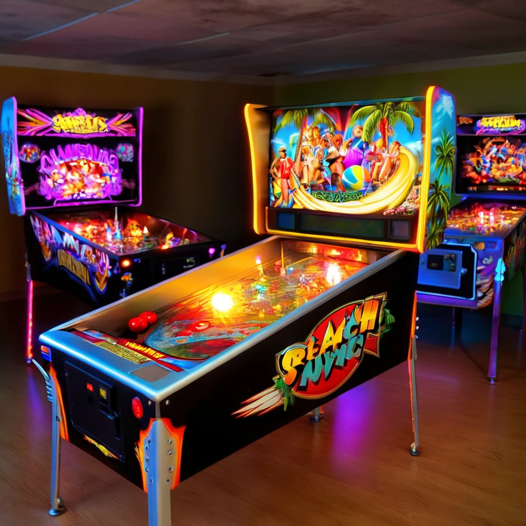 (best quality,4k,8k,highres,masterpiece:1.2),ultra-detailed,(realistic,photorealistic,photo-realistic:1.37),retro arcade game,pinball machine,game play Beach Pinball,classic machines,old-school gaming experience,neon lights,flashing colors,nostalgic atmosphere,vintage-style illustrations,arcade cabinets,joysticks,coin slots,high score screen,multicolored buttons,pinball flippers,silver ball bouncing,shiny chrome trim,pop bumpers,themed artwork and backdrops,beach theme,surfboards,tropical palm trees,beach balls,hula dancers,waves crashing,animated characters,dynamic ball physics,loud mechanical sounds,chaotic yet exciting game room,competitive multiplayer matches,high-energy music,excitement and anticipation,pinball enthusiasts,fun-filled gaming experience.