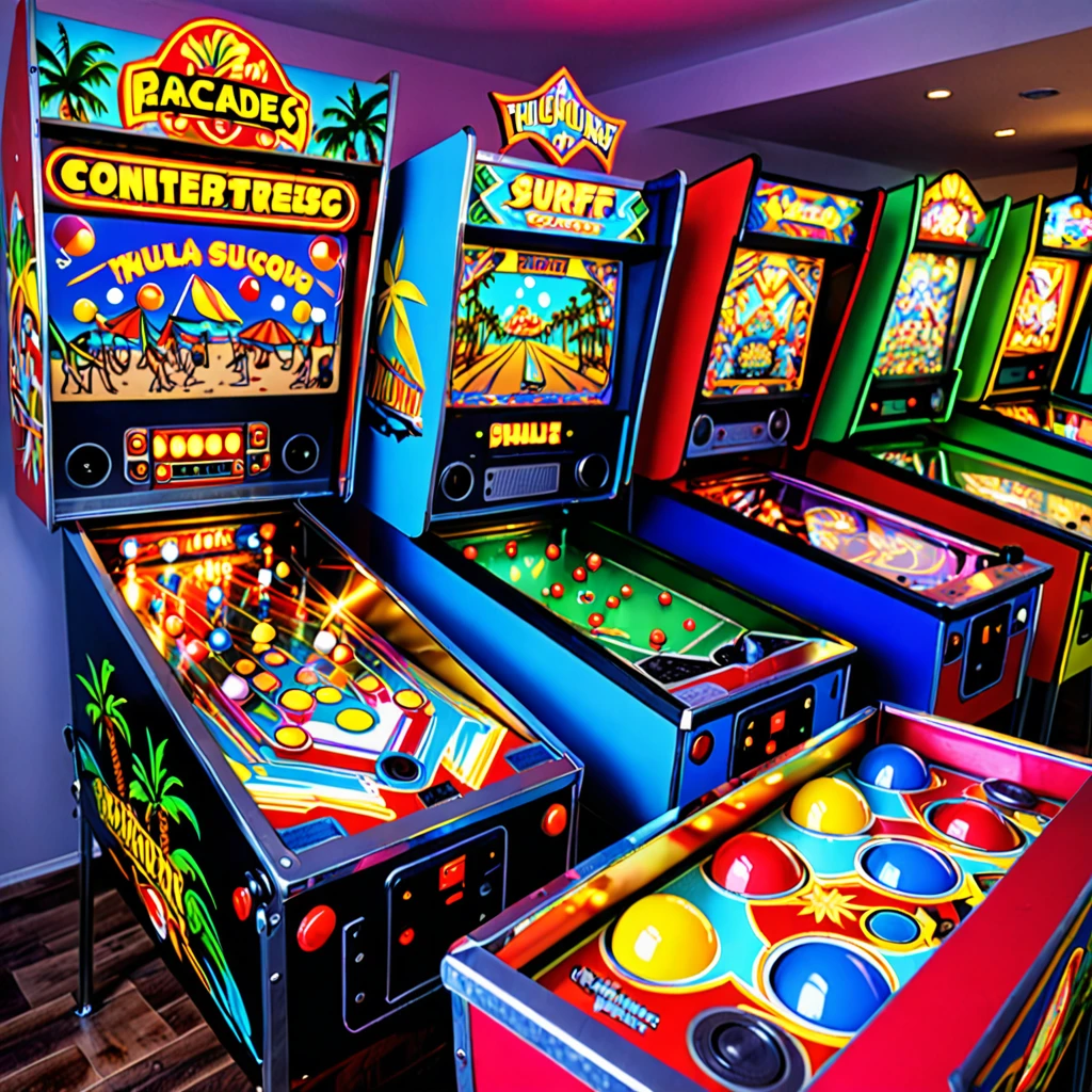 (best quality,4k,8k,highres,masterpiece:1.2),ultra-detailed,(realistic,photorealistic,photo-realistic:1.37),retro arcade game,pinball machine,game play Beach Pinball,classic machines,old-school gaming experience,neon lights,flashing colors,nostalgic atmosphere,vintage-style illustrations,arcade cabinets,joysticks,coin slots,high score screen,multicolored buttons,pinball flippers,silver ball bouncing,shiny chrome trim,pop bumpers,themed artwork and backdrops,beach theme,surfboards,tropical palm trees,beach balls,hula dancers,waves crashing,animated characters,dynamic ball physics,loud mechanical sounds,chaotic yet exciting game room,competitive multiplayer matches,high-energy music,excitement and anticipation,pinball enthusiasts,fun-filled gaming experience.
