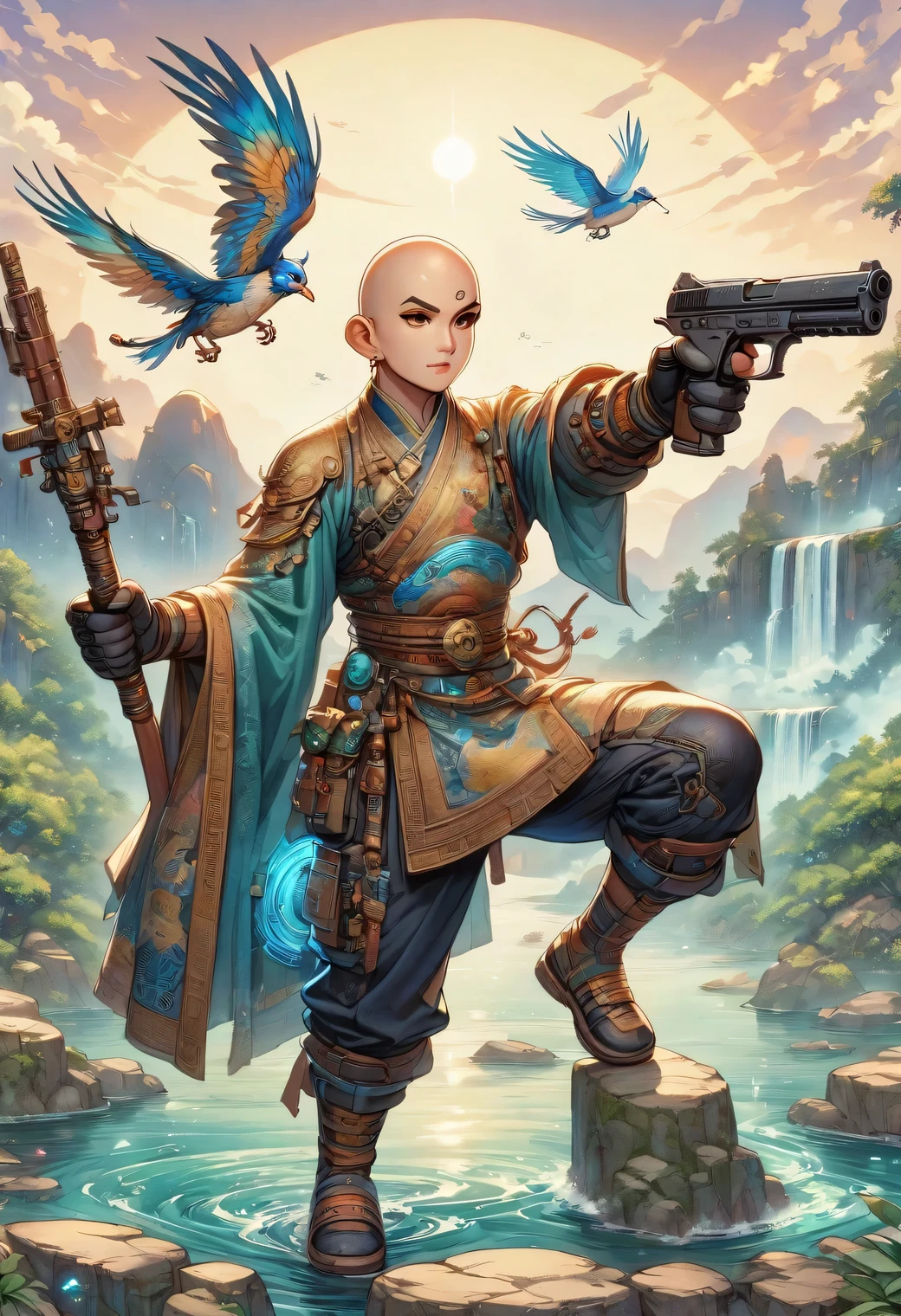 ((imagine)),((whole body)),(bald:1.5),((Aang)),《Avatar the last airbender anime》, ((standing_split)),Wearing luxurious, intricate, luxurious and noble clothing,Robot arms and legs,Standing by the lake,straw sandals ,Holding a gun with one hand,Aim at you,anatomically correct, ccurate,in the style of futuristic,cyberpunk,high detail