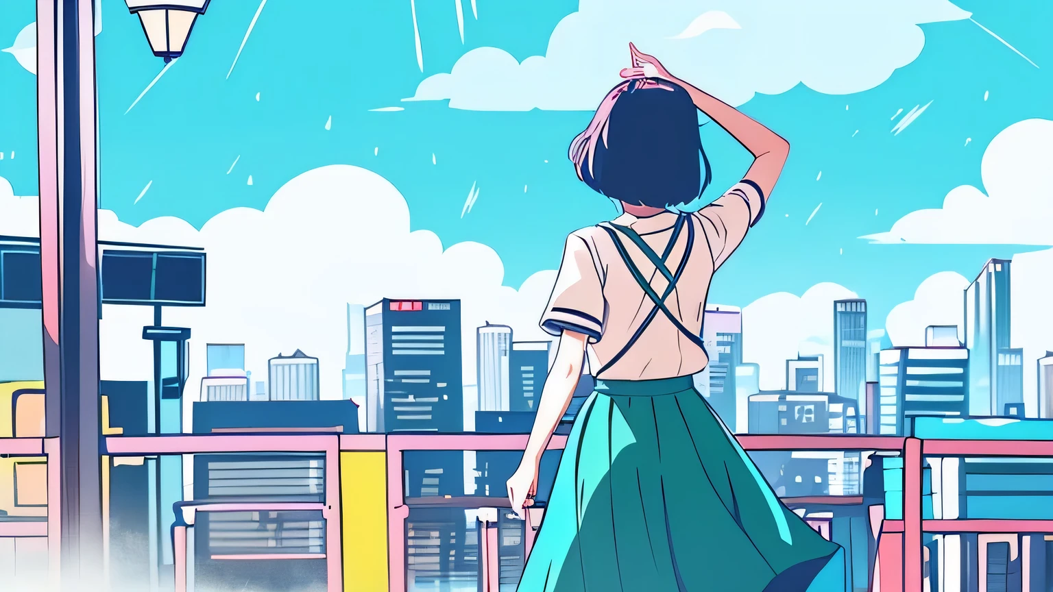 after the rain　city　dancing woman　back view　An illustration　anime