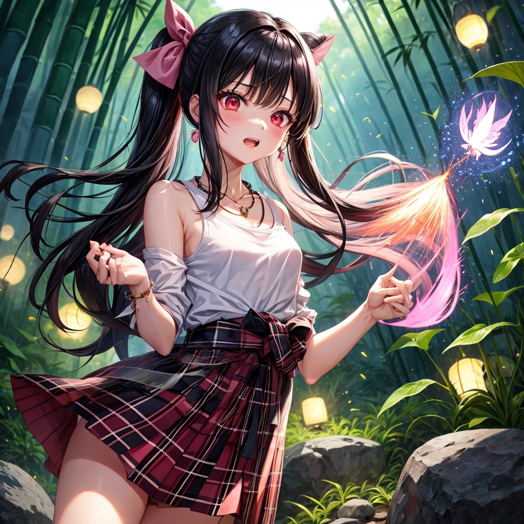 Pink-black hair、red eyes、one good looking girl、solo、anime、plaid mini skirt、black camisole、black t-shirt、kimono、wearing a ribbon、ribbon at waist、stone slabs are piled up、crystal earrings、jewelry necklace、Light and shadow、clock、petal、tilting one&#39;s face、teeth are visible、fire spirit、Cube、bamboo forest、moonlight、Fireflies are flying、geta