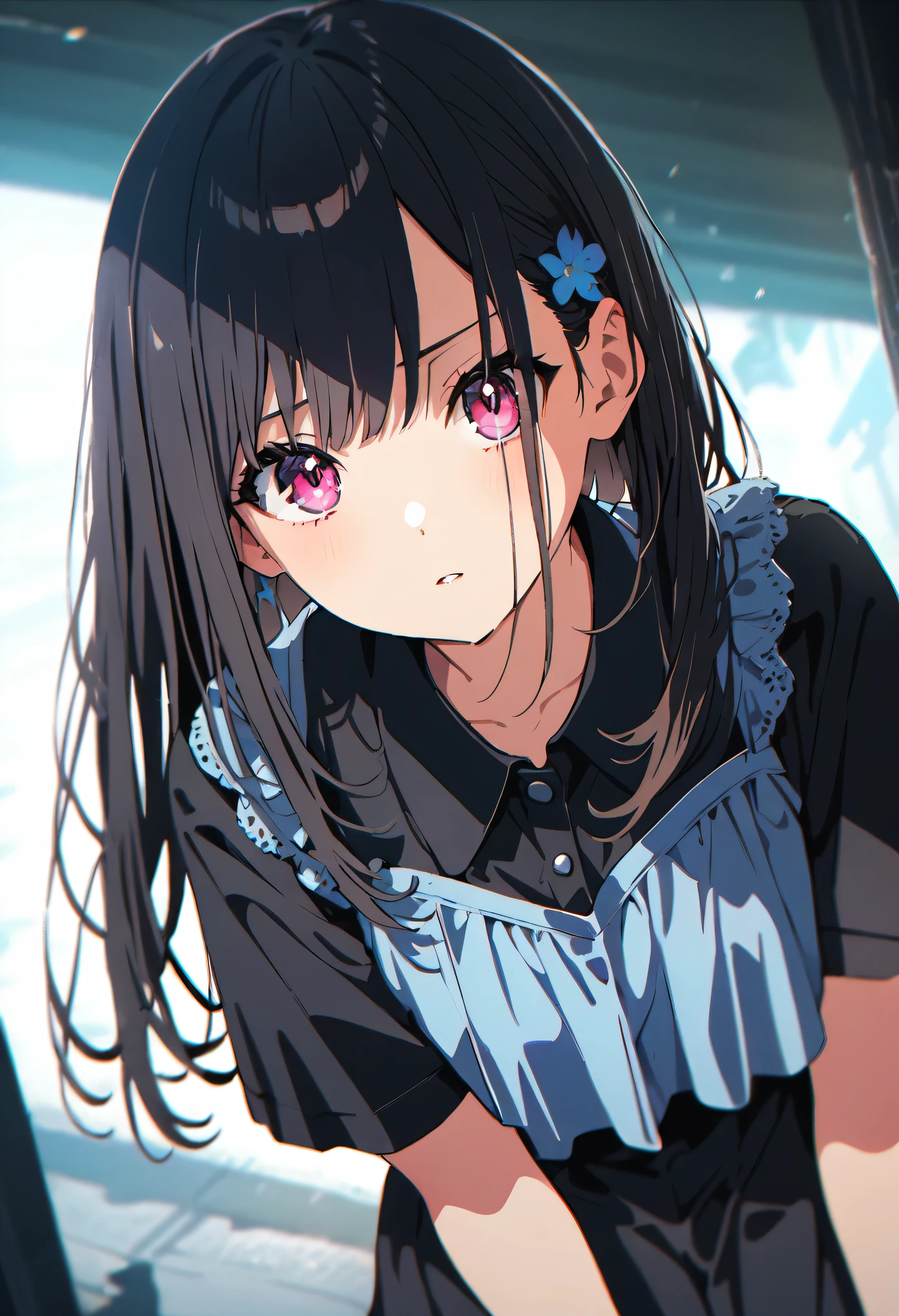 (black biker jacket:1.1), (masterpiece, highest quality, pretty girl, beautiful face, 8K, disorganized:1.2), teens, cowboy shot, dutch angle, face light, film grain, chromatic aberration, High resolution, super detailed, finely, light blue ruffle lace dress, fine skin, eyes and face, sharp pupils, sharp focus, street