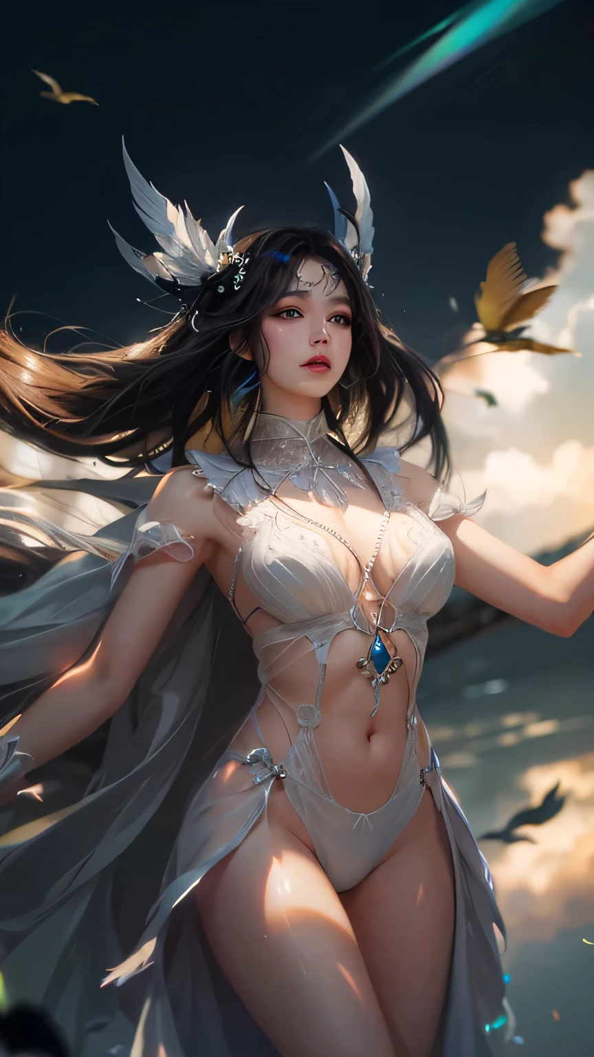 (hyperrealistic), (illustration), (high resolution), (8K), (extremely detailed), (best illustration), (beautiful detailed eyes), (best quality), (super detailed), (masterpiece), (wallpaper), (detailed face), solo, (dynamic pose), 1girl, white off-the-shoulder shirt with sexy super short yoga pants, bare shoulders, blooming flower field, glowing skin, light smile, camel toe, (no panties), (no bra)