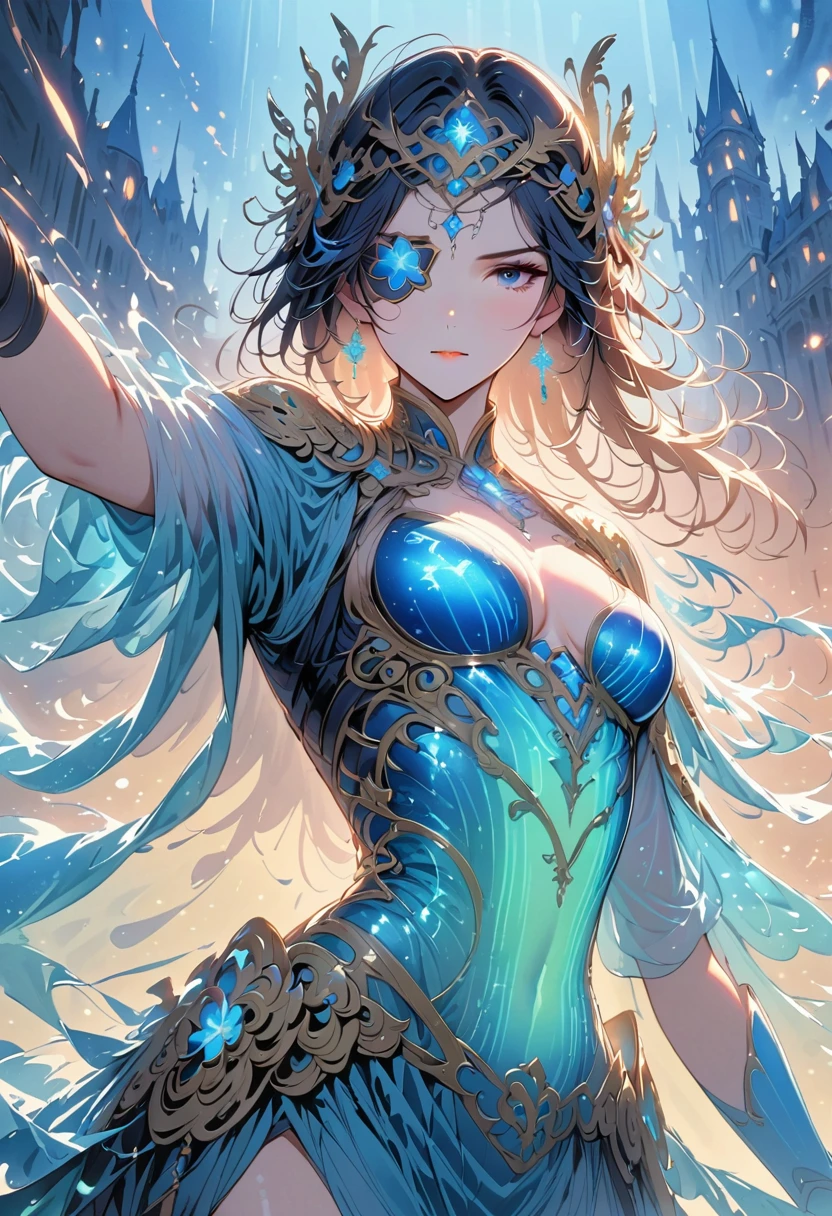 (Ridiculous, high resolution, ultra detailed), 1 male, young people, Bronzed skin. Wear an eye patch over the right eye, blue hair, dramatic lighting, detailed, masterpiece, Stand in front of the castle, sunset light, Red and orange sunset tones