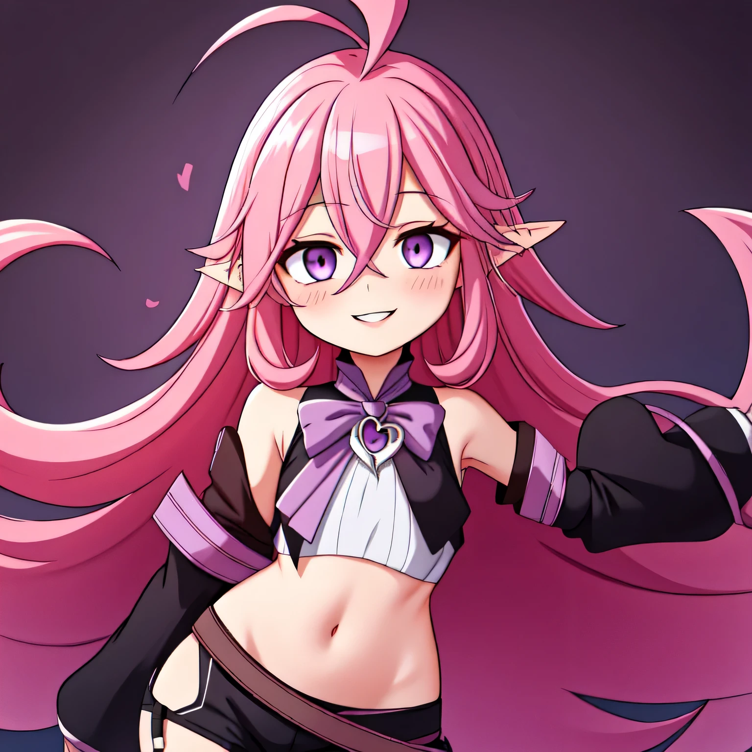 Keera, 1girl, pink hair, hair spread out, hair between eyes, very long hair, bowtie, parted lips, pointy ear, purple eyes, sleeves past wrists, black sleeves, black shorts, belt, detached sleeves, ahoge, heart necklace, navel, smile, portrait