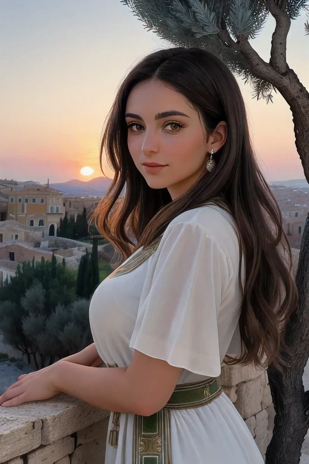 ((best quality)), ((masterpiece)), (detailed), perfect face, sunsetting in the background, young italian woman with hazel eyes, wearing a white tunic. she is looking off at the sunset, olive trees in the distance, ancient roman city in the background, ancient roman dress, olive branches in her hair.
