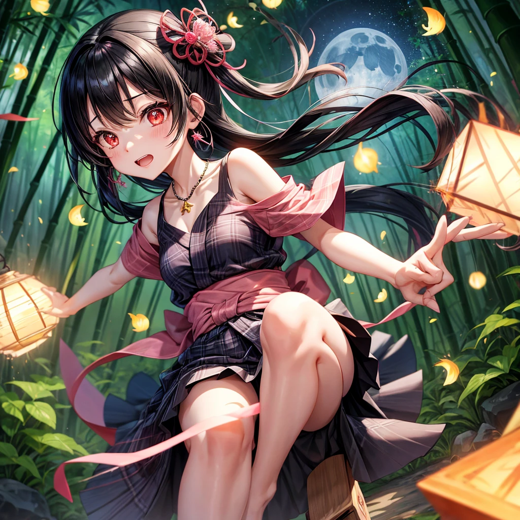 Pink-black hair、red eyes、one good looking girl、solo、anime、plaid mini skirt、black camisole、black t-shirt、kimono、wearing a ribbon、ribbon at waist、stone slabs are piled up、crystal earrings、jewelry necklace、Light and shadow、clock、petal、tilting one's face、teeth are visible、fire spirit、Cube、bamboo forest、moonlight、Fireflies are flying、geta