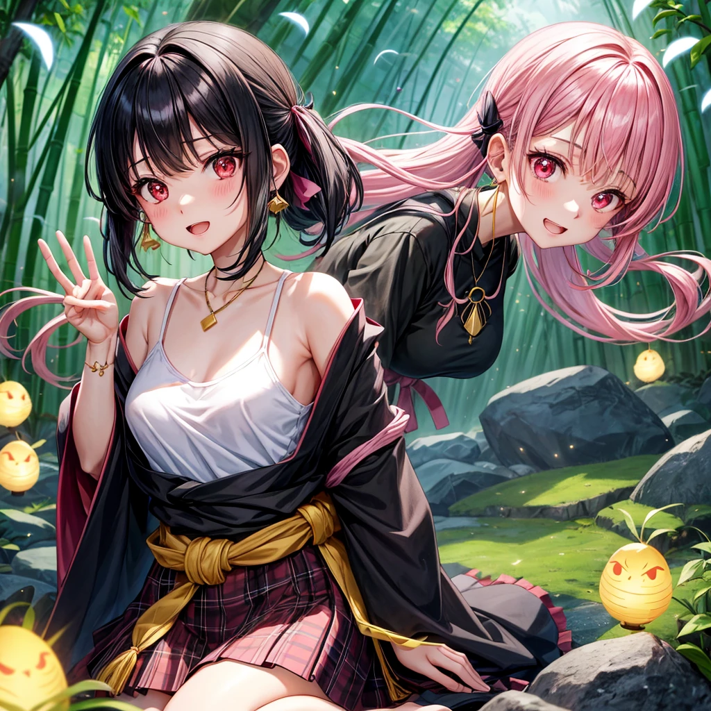 Pink-black hair、red eyes、one good looking girl、solo、anime、plaid mini skirt、black camisole、black t-shirt、kimono、wearing a ribbon、ribbon at waist、stone slabs are piled up、crystal earrings、jewelry necklace、Light and shadow、clock、petal、tilting one's face、teeth are visible、fire spirit、Cube、bamboo forest、moonlight、Fireflies are flying、geta