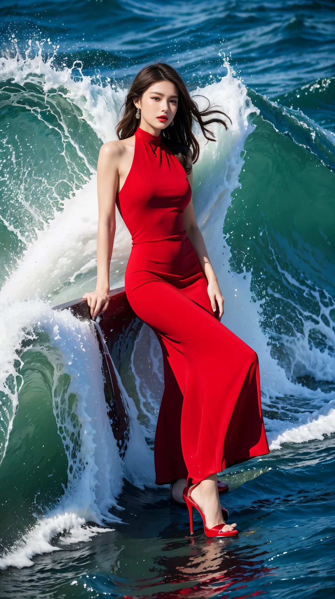 highest quality,masterpiece,ultra high resolution,(actual:1.4),original photo,ultra high resolution，8K，there is a woman，Fair skin，exquisite makeup，big waves of red lips，red dress，high heels，long legs，bright and beautiful