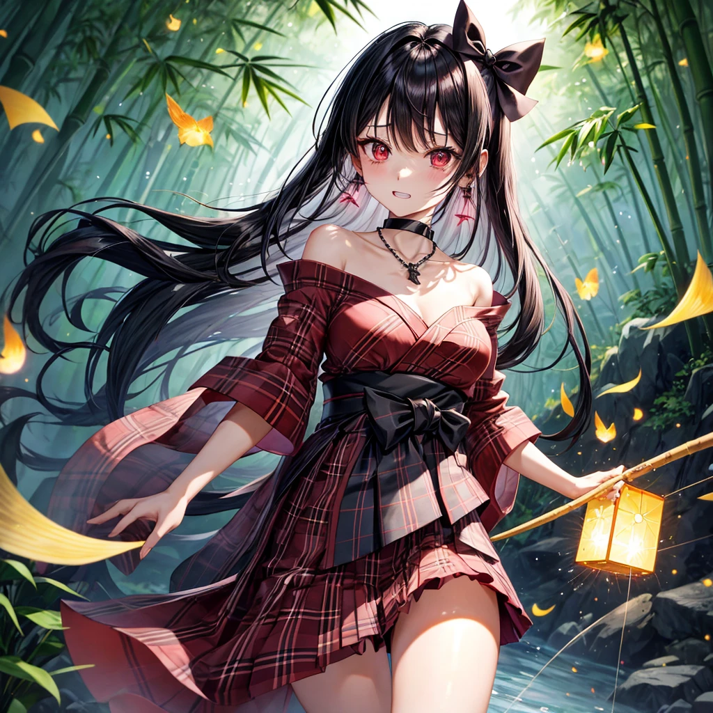 Pink-black hair、red eyes、one good looking girl、solo、anime、plaid mini skirt、black camisole、black t-shirt、kimono、wearing a ribbon、ribbon at waist、stone slabs are piled up、crystal earrings、jewelry necklace、Light and shadow、clock、petal、tilting one's face、teeth are visible、fire spirit、Cube、bamboo forest、moonlight、Fireflies are flying、geta