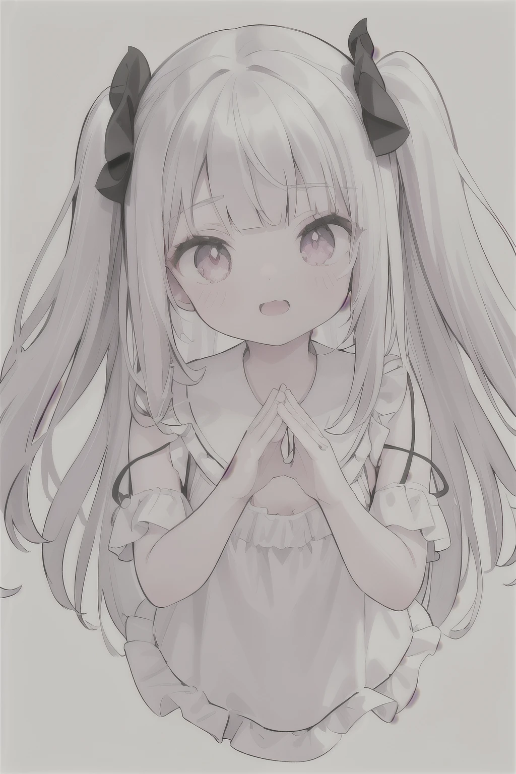 Pueros face_V1:0.24, highest quality, realistic, 8K, High resolution, 1 girl, 18 year old girl, (skin dents), (portrait), ((simple background:1.62)), full color, ((round chest,white ruffle blouse,sleeveless blouse)), look straight at the viewer:1.8, (1 girl eyes looking at viewer:1.55), (Long-length hair, silver hair, two side up,straight bangs:1.45,pink eyes), (Bokeh),looking at the viewer,open mouth smile,Shining eyes,cute pose,sparkling eyes,full body,Full body portrait,frontal shot,Super high quality