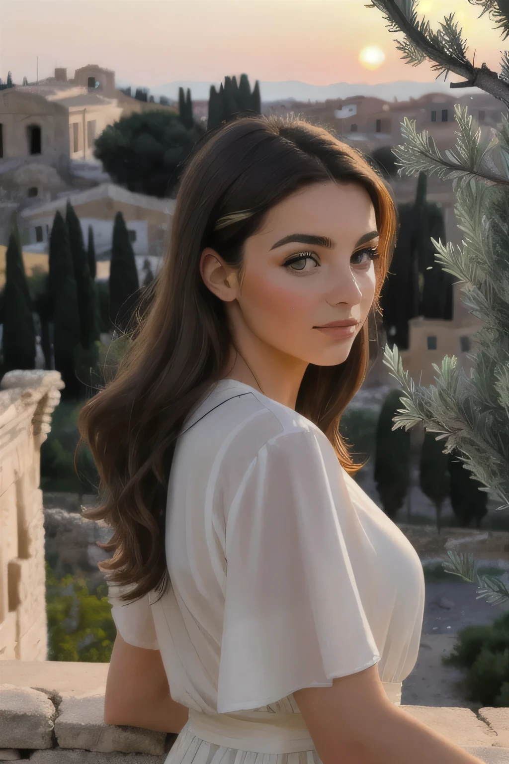 ((best quality)), ((masterpiece)), (detailed), perfect face, sunsetting in the background, young italian woman with hazel eyes, wearing a white tunic. she is looking off at the sunset, olive trees in the distance, ancient roman city in the background, ancient roman dress, olive branches in her hair.
