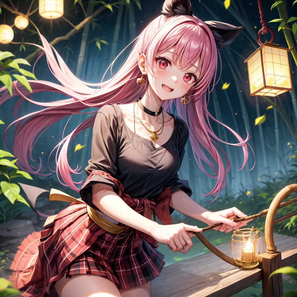 Pink-black hair、red eyes、one good looking girl、solo、anime、plaid mini skirt、black camisole、black t-shirt、kimono、wearing a ribbon、ribbon at waist、stone slabs are piled up、crystal earrings、jewelry necklace、Light and shadow、clock、petal、tilting one&#39;s face、teeth are visible、fire spirit、Cube、bamboo forest、moonlight、Fireflies are flying、geta