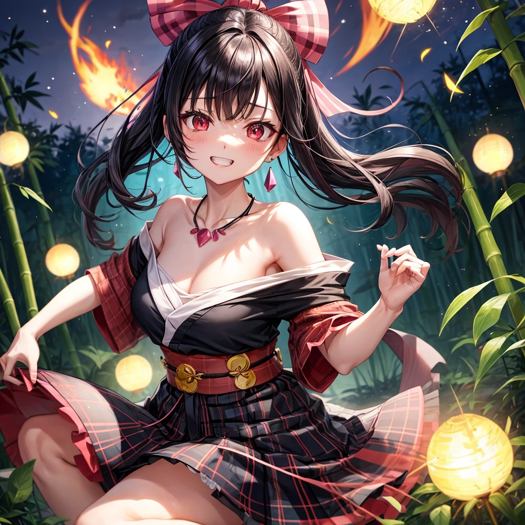 Pink-black hair、red eyes、one good looking girl、solo、anime、plaid mini skirt、black camisole、black t-shirt、kimono、wearing a ribbon、ribbon at waist、stone slabs are piled up、crystal earrings、jewelry necklace、Light and shadow、clock、petal、tilting one&#39;s face、teeth are visible、fire spirit、Cube、bamboo forest、moonlight、Fireflies are flying、geta