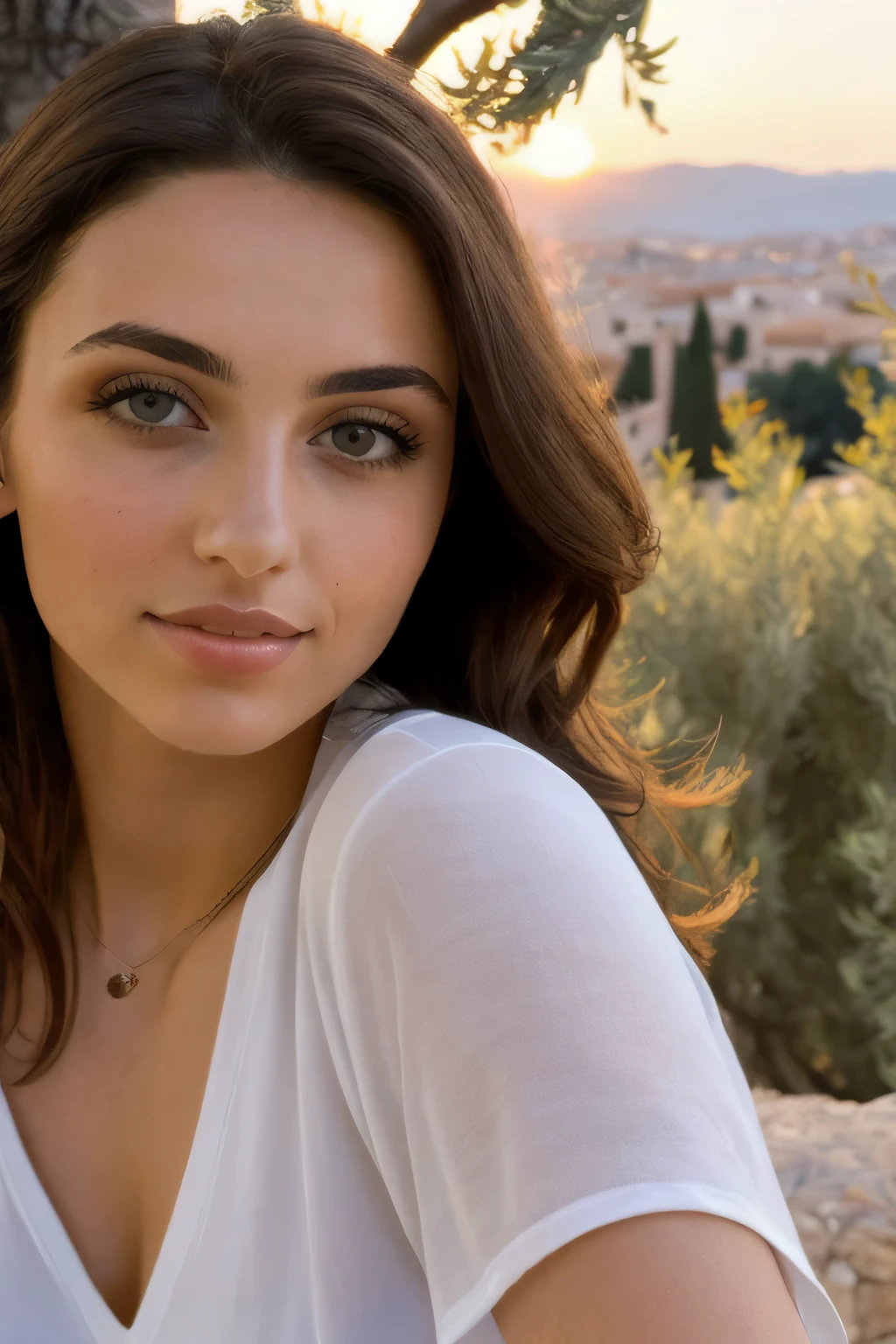 ((best quality)), ((masterpiece)), (detailed), perfect face, sunsetting in the background, young italian woman with hazel eyes, wearing a white tunic. she is looking off at the sunset, olive trees in the distance
