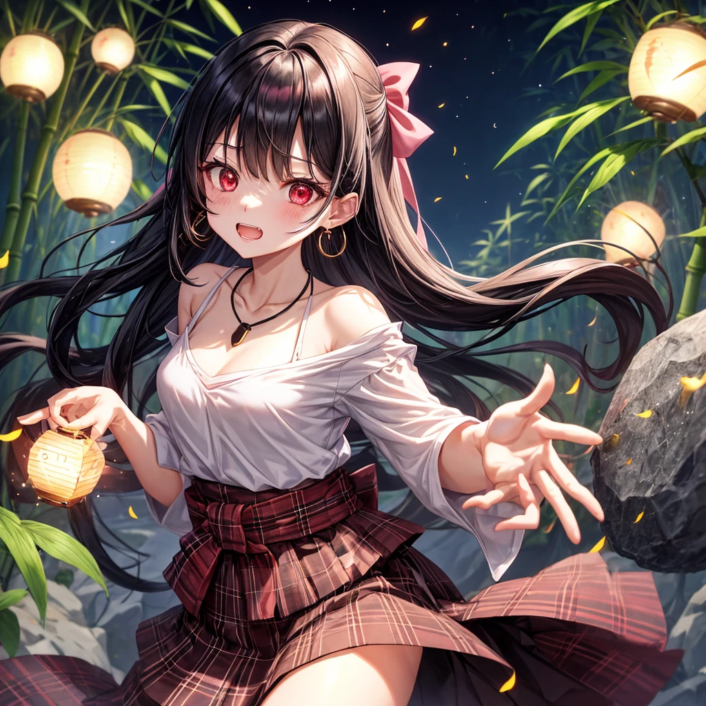 Pink-black hair、red eyes、one good looking girl、solo、anime、plaid mini skirt、black camisole、black t-shirt、kimono、wearing a ribbon、ribbon at waist、stone slabs are piled up、crystal earrings、jewelry necklace、Light and shadow、clock、petal、tilting one&#39;s face、teeth are visible、fire spirit、Cube、bamboo forest、moonlight、Fireflies are flying、geta