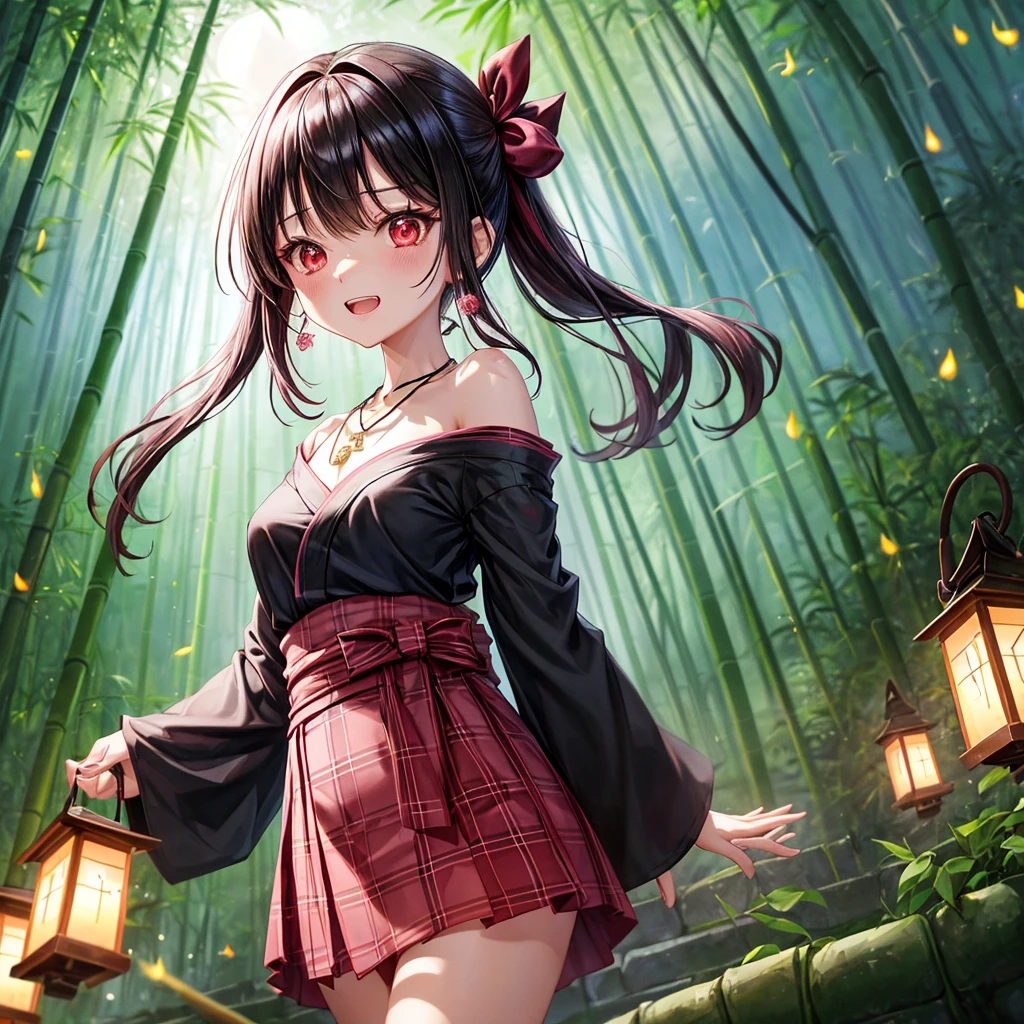 Pink-black hair、red eyes、one good looking girl、solo、anime、plaid mini skirt、black camisole、black t-shirt、kimono、wearing a ribbon、ribbon at waist、stone slabs are piled up、crystal earrings、jewelry necklace、Light and shadow、clock、petal、tilting one&#39;s face、teeth are visible、fire spirit、Cube、bamboo forest、moonlight、Fireflies are flying、geta