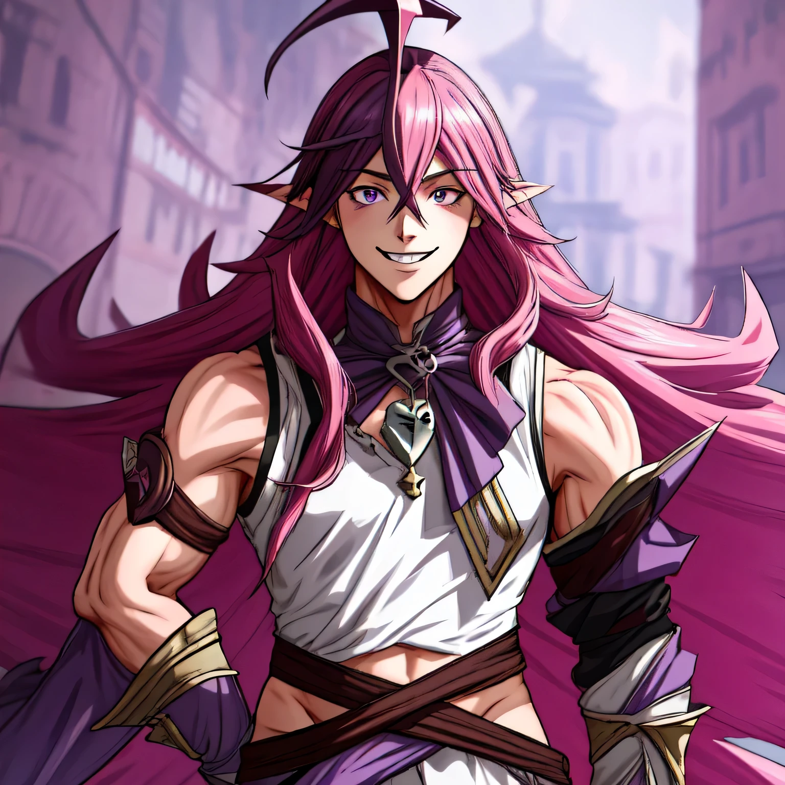 Keera, 1girl, pink hair, hair spread out, hair between eyes, very long hair, bowtie, parted lips, pointy ear, purple eyes, sleeves past wrists, black sleeves, black shorts, belt, detached sleeves, ahoge, heart necklace, navel, smile, portrait