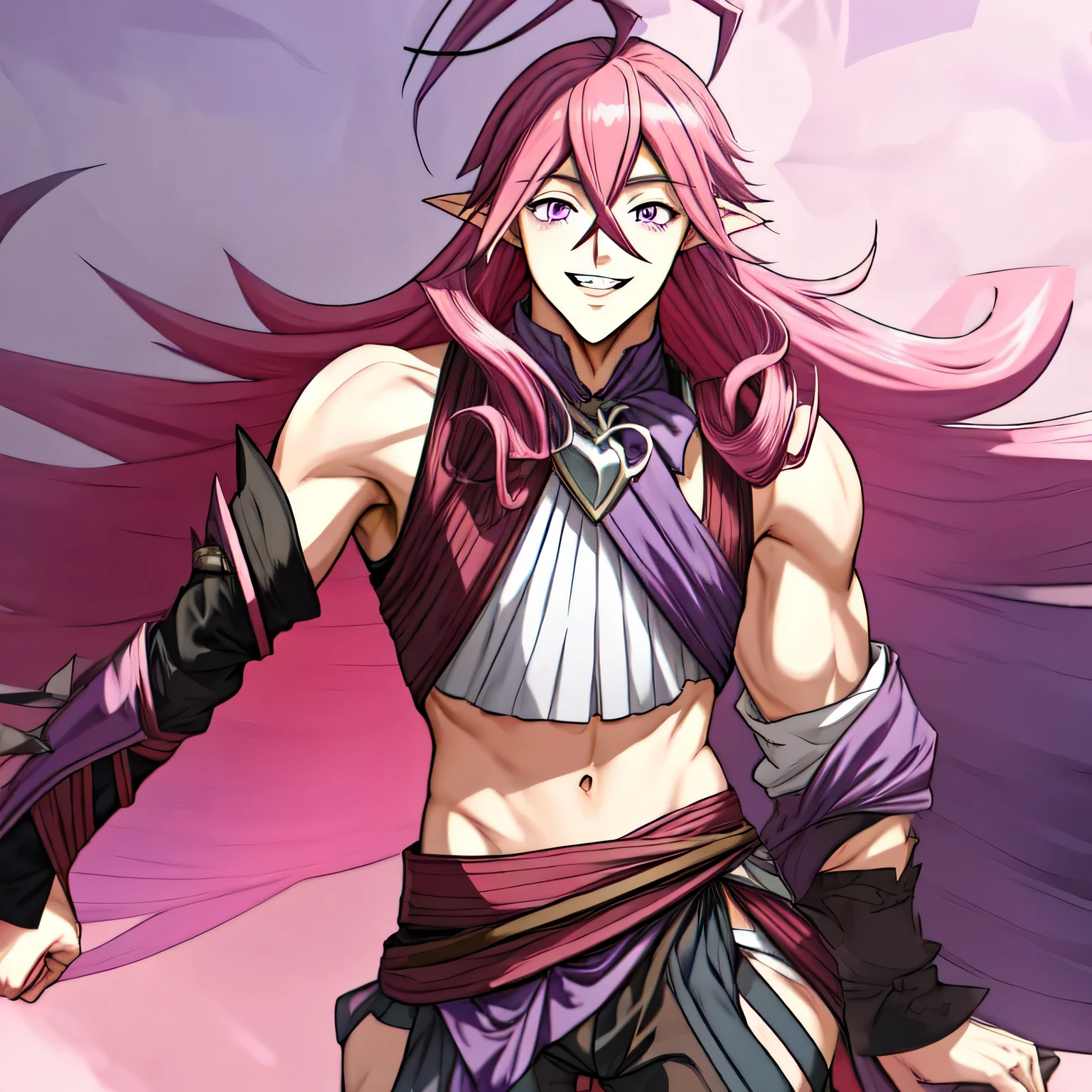 Keera, 1girl, pink hair, hair spread out, hair between eyes, very long hair, bowtie, parted lips, pointy ear, purple eyes, sleeves past wrists, black sleeves, black shorts, belt, detached sleeves, ahoge, heart necklace, navel, smile, portrait