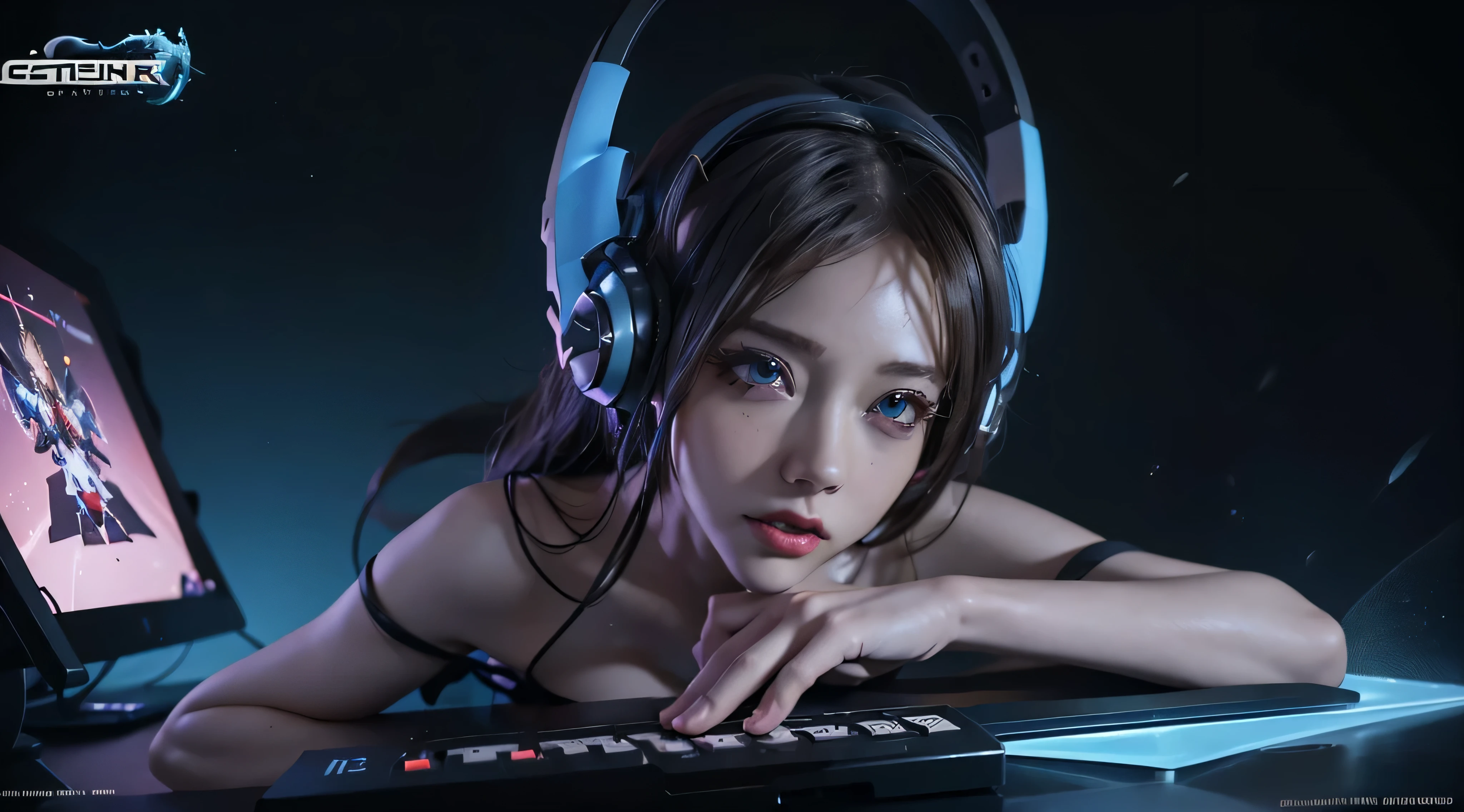 (best quality,4k,highres),ultra-detailed,physically-based rendering,(vivid colors:1.1),(playful expression:1.1),beautiful detailed eyes,beautiful detailed lips,cosplay costume,(dynamic pose:1.1),(dedication to gaming:1.1),energetic and action-packed atmosphere,(immersed in virtual world:1.1),(anime-style artwork:1.1),glowing digital effects,electric blue accents,brightly lit studio with soft lighting,artistic interpretation of video game elements,creative composition,cartoonish style,scenery with video game elements,headphones,console controller,keyboard,attractive background,sexy outfit.