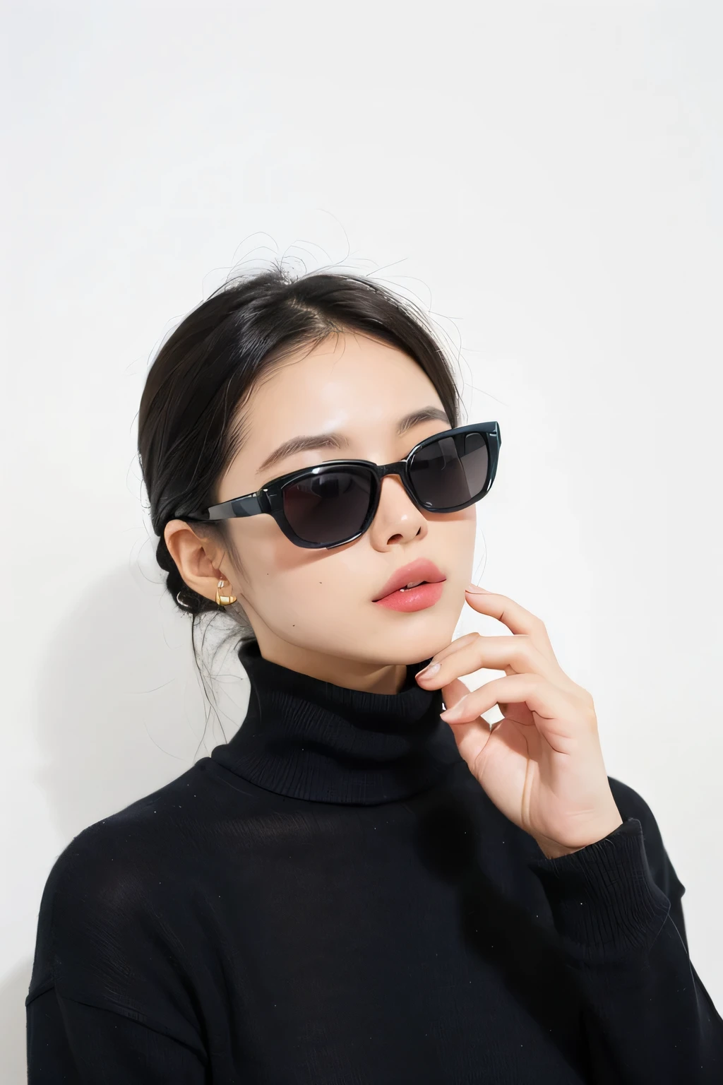 One is wearing a turtleneck、Woman in sunglasses, Comes with sunglasses, Thick sunglasses, Comes with sunglasseses, digital sunglasses, black sunglasses, futuristic sunglasses, Wearing black-rimmed glasses, sunglasses, Wearing cool sunglasses, Wear sunglasses, big sunglasses, 2 0 2 0 fashion, Implanted sunglasses, Super high quality model, product photo