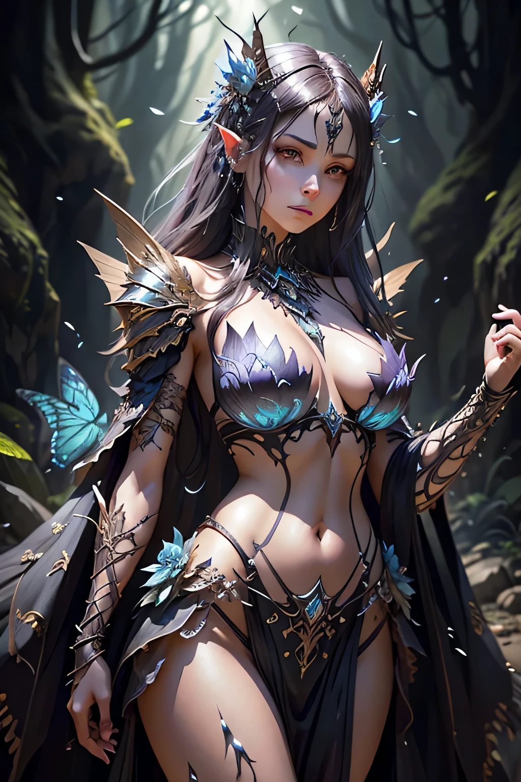Beautiful Insect Monarch Butterfly Hybrid Female, Fair Skin, Inside A dark forest filled bioluminescent flowers by night, Barely Clothed, Bikini Armor Made Of glistening iridesent chitin and fur, Chtin Texture, beautiful monarch butterfly wings coming out of her back,Beautiful D&D Character Portrait, Ominous, Dark Fantasy, Biopunk, Detailed, Fiverr Dnd Character, Octane Render, Digital Art, Extreme Detail, 4k, Ultra Hd, Polished, Beautiful, Hyperdetailed, Intricate, Elaborate, Meticulous, Anime Character, Detailed, Grunge, Sharp Focus, Wlop, Character Design, Unreal Engine, 3d Rendered, Volumetric Lighting, Reflections, Glossy, Digital Illustration