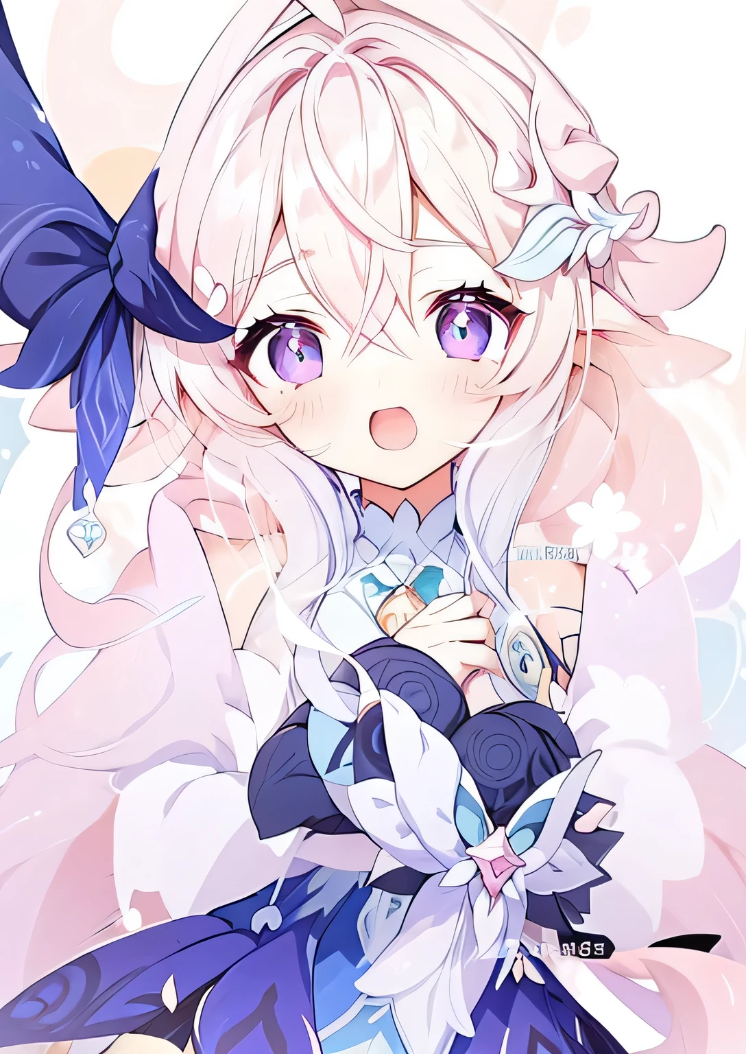 anime girl with pink hair and blue eyes in a purple dress, holding a pudica pose, elf girl wearing an flower suit, coloured line art,  in dress, colored lineart, cute anime waifu in a nice dress, soft anime illustration, flat anime style shading, splash art anime , ayaka genshin impact, anime moe artstyle