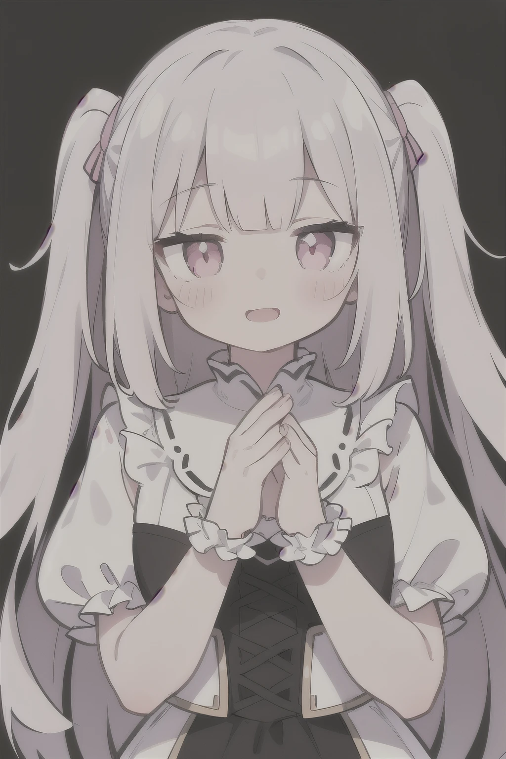Pueros face_V1:0.24, highest quality, realistic, 8K, High resolution, 1 girl, 16 year old girl, (skin dents), (portrait), ((simple background:1.62)), full color, ((round chest,frills)), look straight at the viewer:1.8, (1 girl eyes looking at viewer:1.55), (Long-length hair, silver hair, two side up,straight bangs:1.45,pink eyes), (Bokeh),looking at the viewer,open mouth smile,Shining eyes,cute pose,sparkling eyes,Super high quality