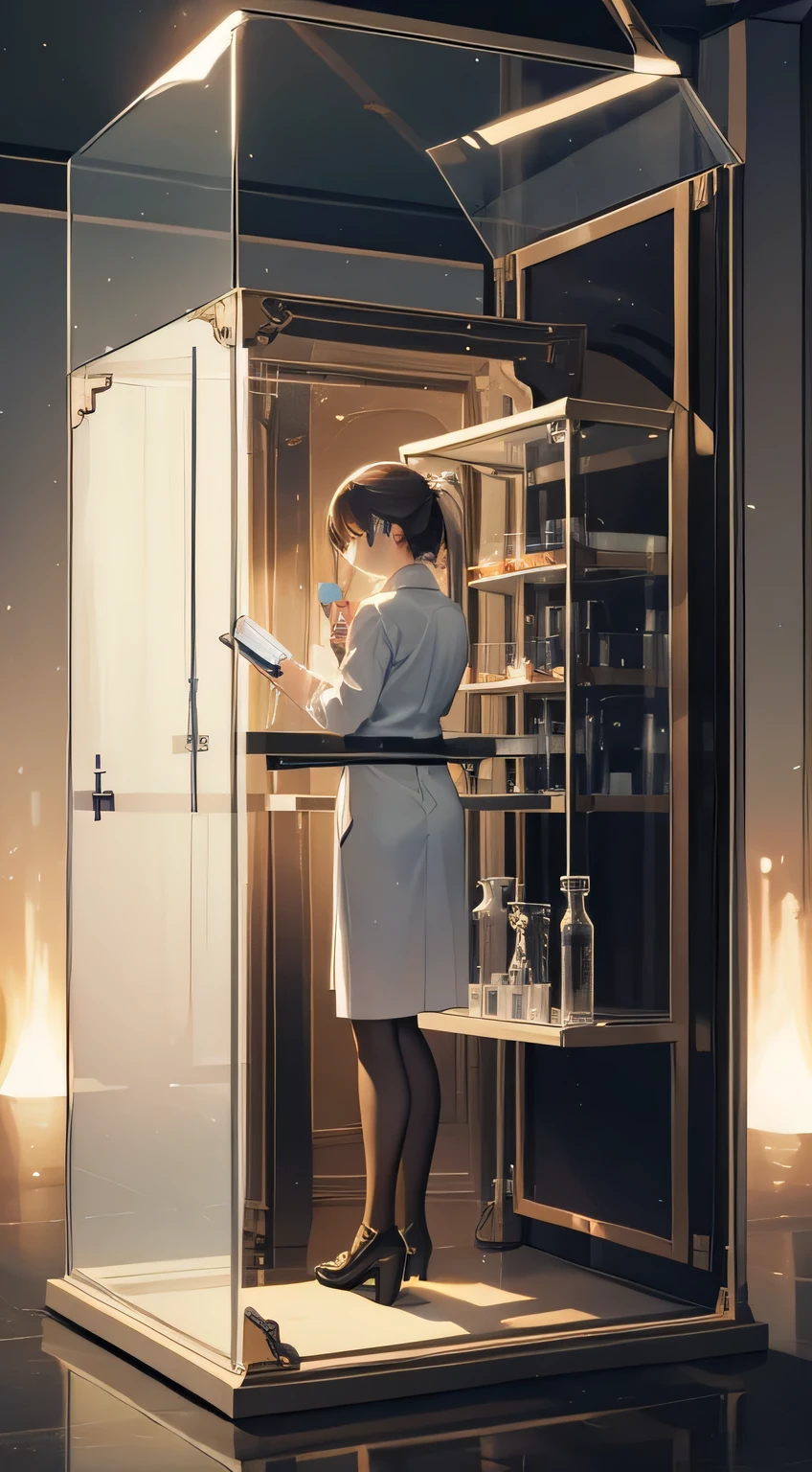 Masterpiece, High quality, best quality, Capsule Tying Machine, Capsule as big as a coffin,clear glass , scientist, Lab, Break through dimensions, science, technology, glass mirror, A long machine as big as a person