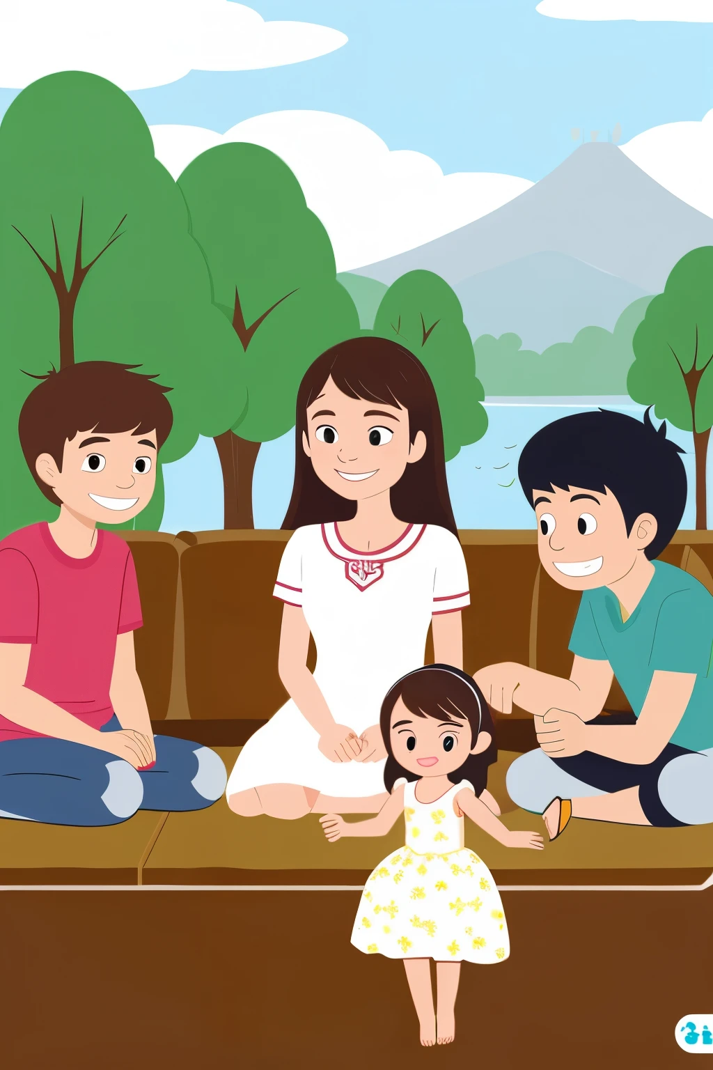 Family of 4，Father，Mother，elder sister，younger sister，at home，cartoon