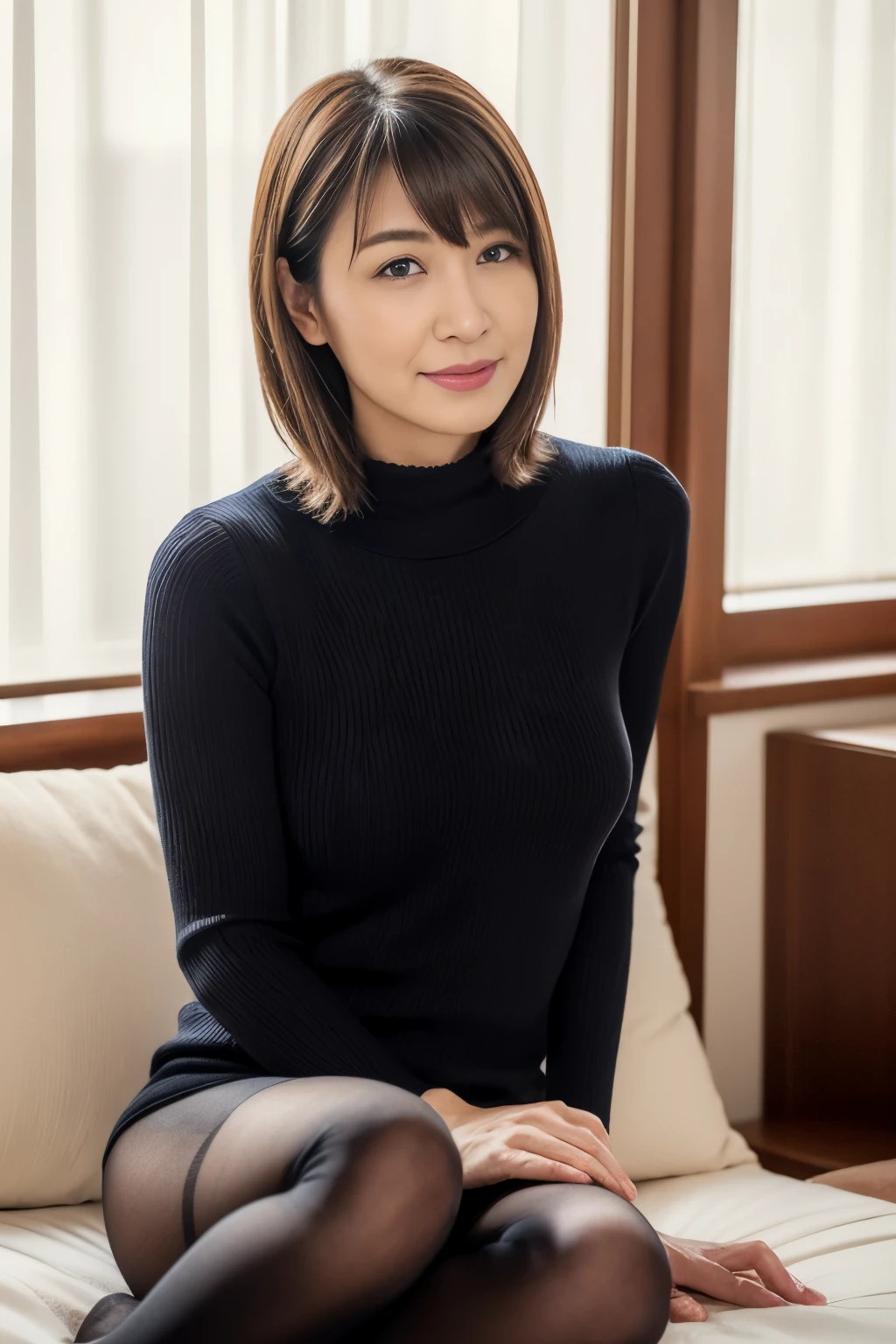Masseter muscle part, highest quality, masterpiece, High resolution, Photoreal, Raw photo, 8k wallpaper, perfection, professional lighting, very detailed, Depth of written boundary, ((one beautiful woman)), ((40 year old sexy woman)), (At the hotel room window), ((wearing sexy black tights)), ((look into viewer'eyes)), ((Wear a sweater on your upper body)),detailed face, beautiful eyes, (please open your legs), bangs, well-shaped mid-chest, soft belly,light brown straight hair, (thick lips), (arm between legs),naked
