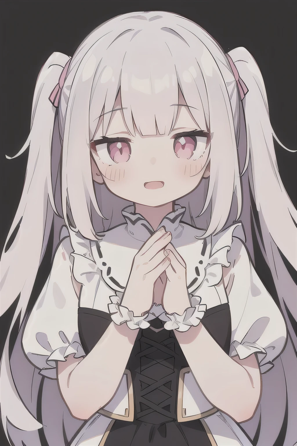 Pueros face_V1:0.24, highest quality, realistic, 8K, High resolution, 1 girl, 16 year old girl, (skin dents), (portrait), ((simple background:1.62)), full color, ((round chest,frills)), look straight at the viewer:1.8, (1 girl eyes looking at viewer:1.55), (Long-length hair, silver hair, two side up,straight bangs:1.45,pink eyes), (Bokeh),looking at the viewer,open mouth smile,Shining eyes,cute pose,sparkling eyes,Super high quality