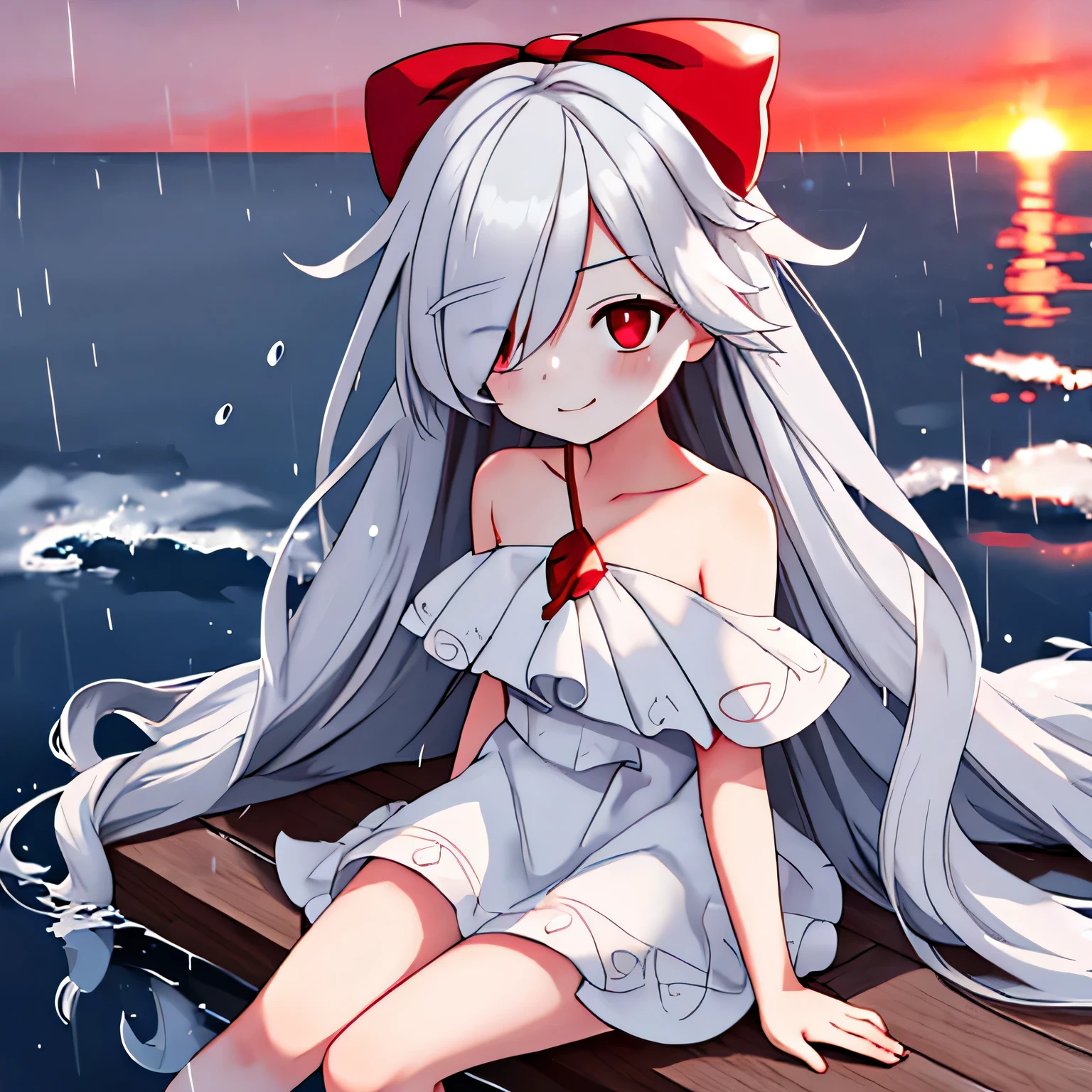 sinestrea, 1girl, grey hair, bare shoulders, sleeveless white dress, frown hair bow, hair over one eye, one eye covered, long hair, medium breasts, red bow, red eyes, smile, ((raining)), sunset, sky, cloud, sitting, looking at viewer, reflection, (from above:0.8), water surface,