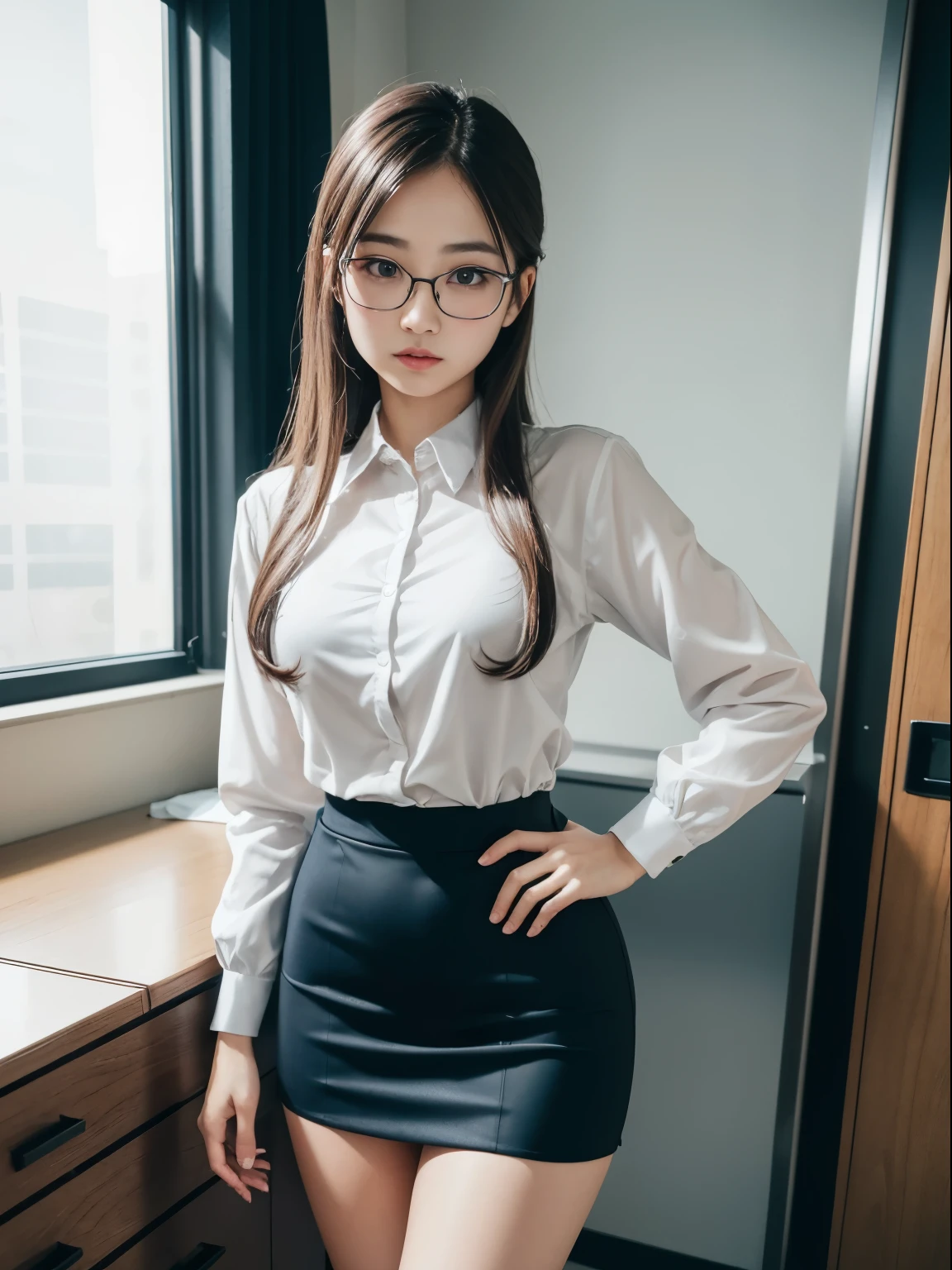 one person、solo、A 20-year-old office lady in office uniform poses for a photo shoot、victory、Tsundere、Saucy、Single knot、OL、suit、blue mini skirt、anger、Small、glasses、Slim girl model photo、Body:史上最Smallの美少女、female model、Japanese female fashion model、(8K、RAW photo、Highest image quality、masterpiece:1.2)、(real、photorealistic:1.37)、Ultra high definition、Ultra high definition、Office Street、standing position、whole body、((((SEXY)))