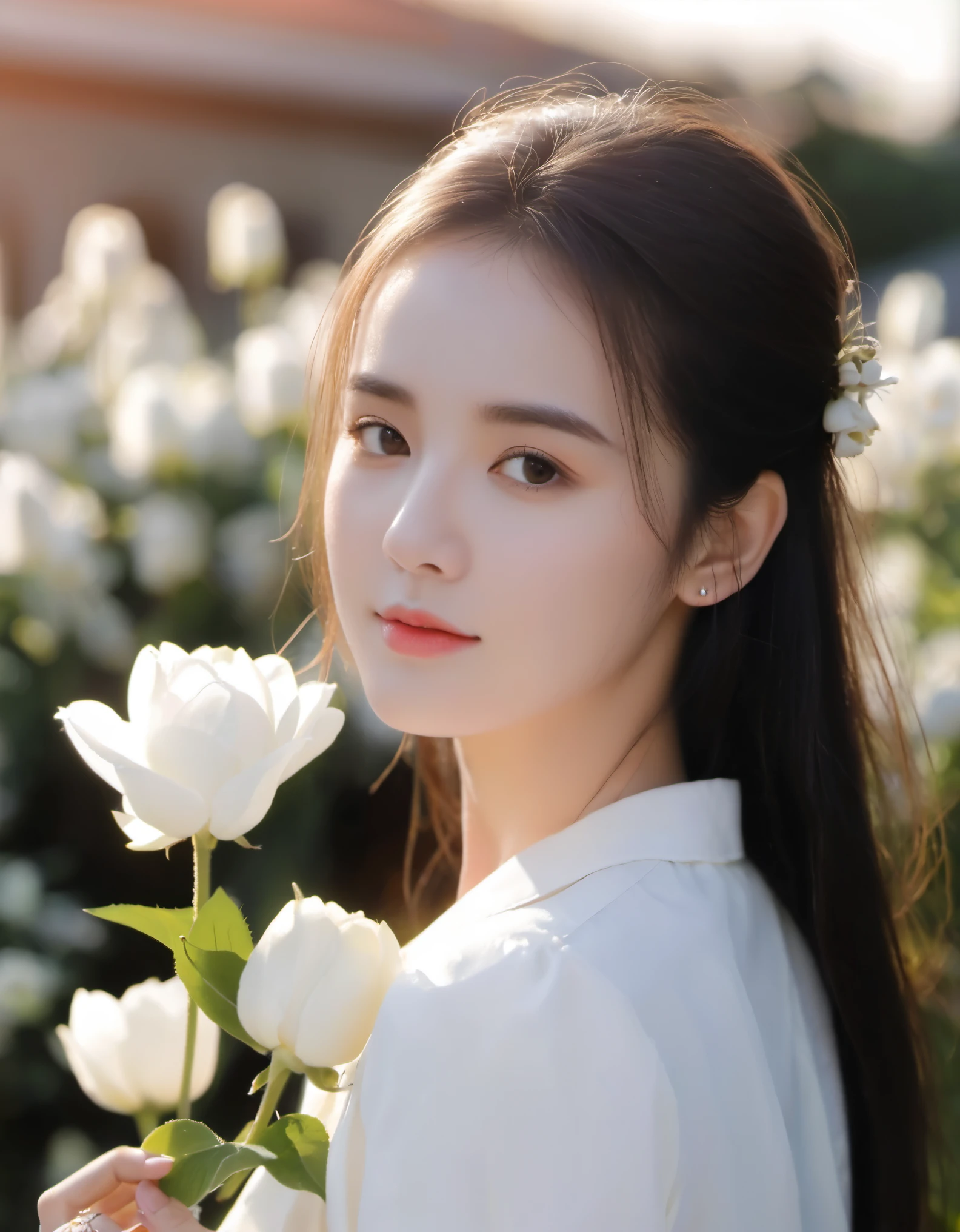 8K,BRUT,1fille,fleur blanche, sunlight,
