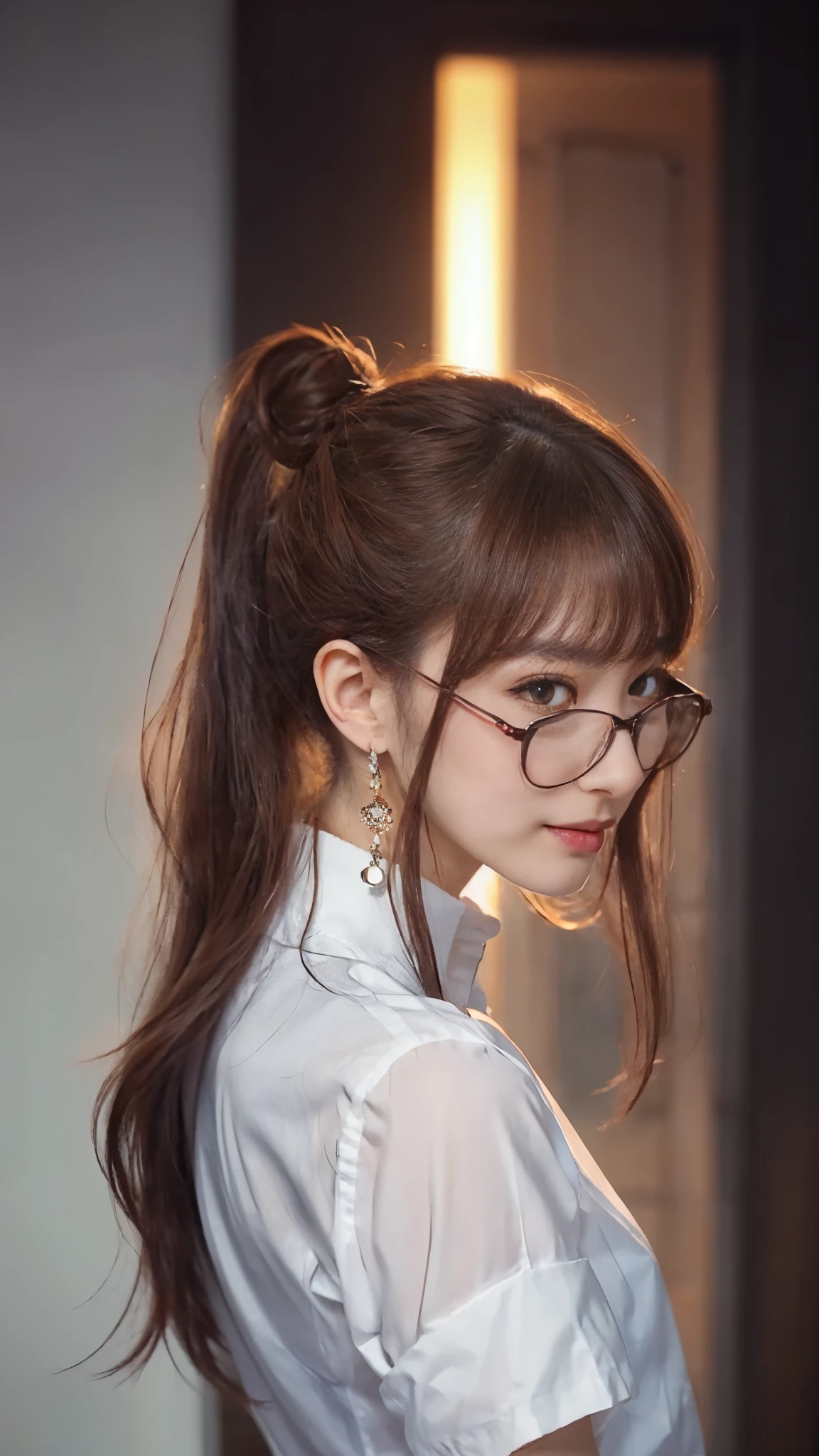 beautiful japanese woman,Photo taken by a professional photographer,Flashy makeup with red eyeshadow,double eyelid,best smile,Delicate brown hair with a short cut and side waves,Large ring earrings,elegant legs,white shirt,wearing black high heels,long and thin legs, white shirtと超ミニスカート, long legs, standing during class, very beautiful slim legs, とても美しいlong and thin legs, sitting at the desk, business services, beautiful feet, good hips and long legs, beautiful feet, surreal high school girl, cleavage,