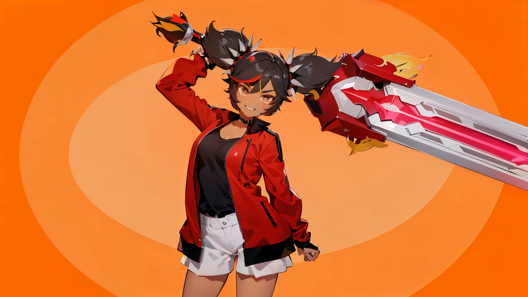 (Best quality, good anatomy, 4K) Xinyan, detailed eyes, angry, happy, smile, black top, red jacket, white shorts, black gloves, grabbing a big sword in her back, orange gradient background
