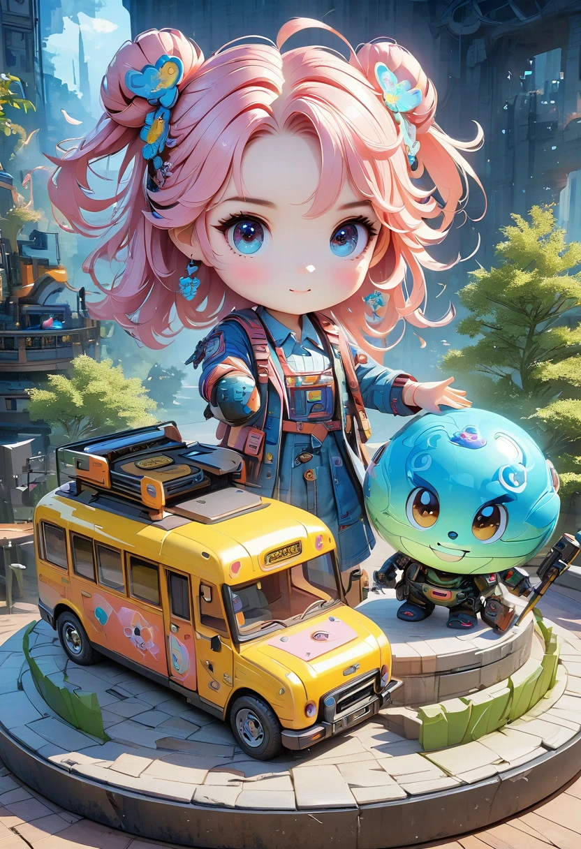 Tips art sci-fi cyberpunk UK bus, Macaron color, cute Disney cartoon style, Q version character design, toy design, digit, big eyes. [Scenes] background, Resin material, 3d, C4D, Personal database, Illusion Engine 5, octane rendering, Noise reduction details, Realistic texture, Movie, White marble resin art, High resolution of stone murals, One billion pixels, color matching, decorate, enhance --v 5.1 --original style-  