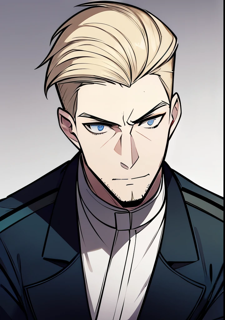 Young Adult male, white and tender skin, pale blonde slicked back combed short hair, kaisermustache, ducktail beard, steel blue eyes, green and slightly mature, serious and emotionless facial expression,wearing world war 2 era german fatigues, portrait style, facing forwards