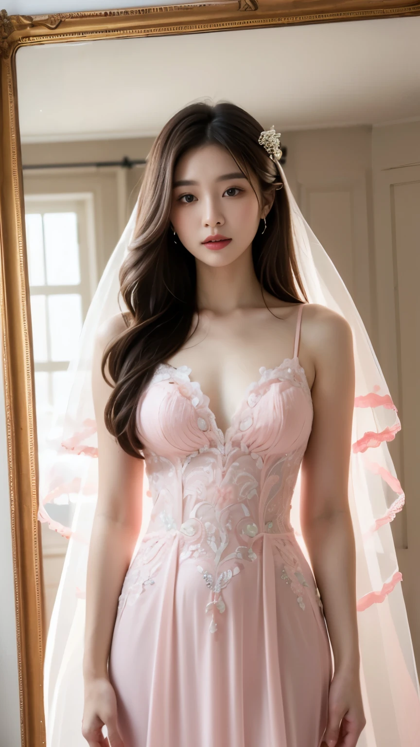 ((best quality)), ((masterpiece)), (detailed), perfect face, very big breasts, ultra high resolution room, 8k, perfect body, hud, Ergonomic, small face, long eyelashes, Sparkling pink lips, eye for detail, clean skin, blemish-free face, korean beauty, 20 year old woman, 1 woman, beautiful pink wedding dress, Bride standing in front of a mirror in a bridal shop, whole body, (Pink embroidered see-through wedding long dress:1.3),