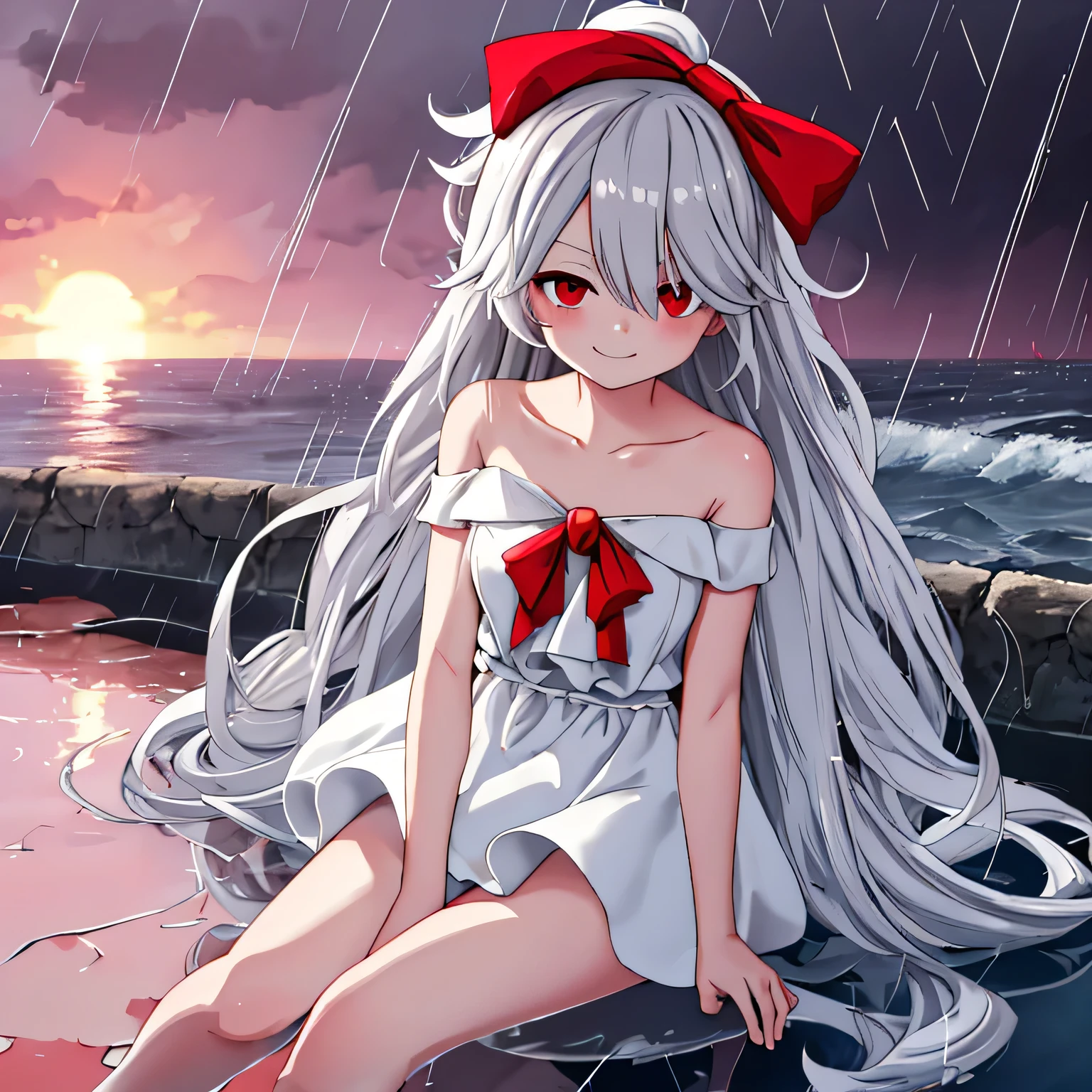 sinestrea, 1girl, grey hair, bare shoulders, sleeveless white dress, frown hair bow, hair over one eye, one eye covered, long hair, medium breasts, red bow, red eyes, smile, ((raining)), sunset, sky, cloud, sitting, looking at viewer, reflection, (from above:0.8), water surface,