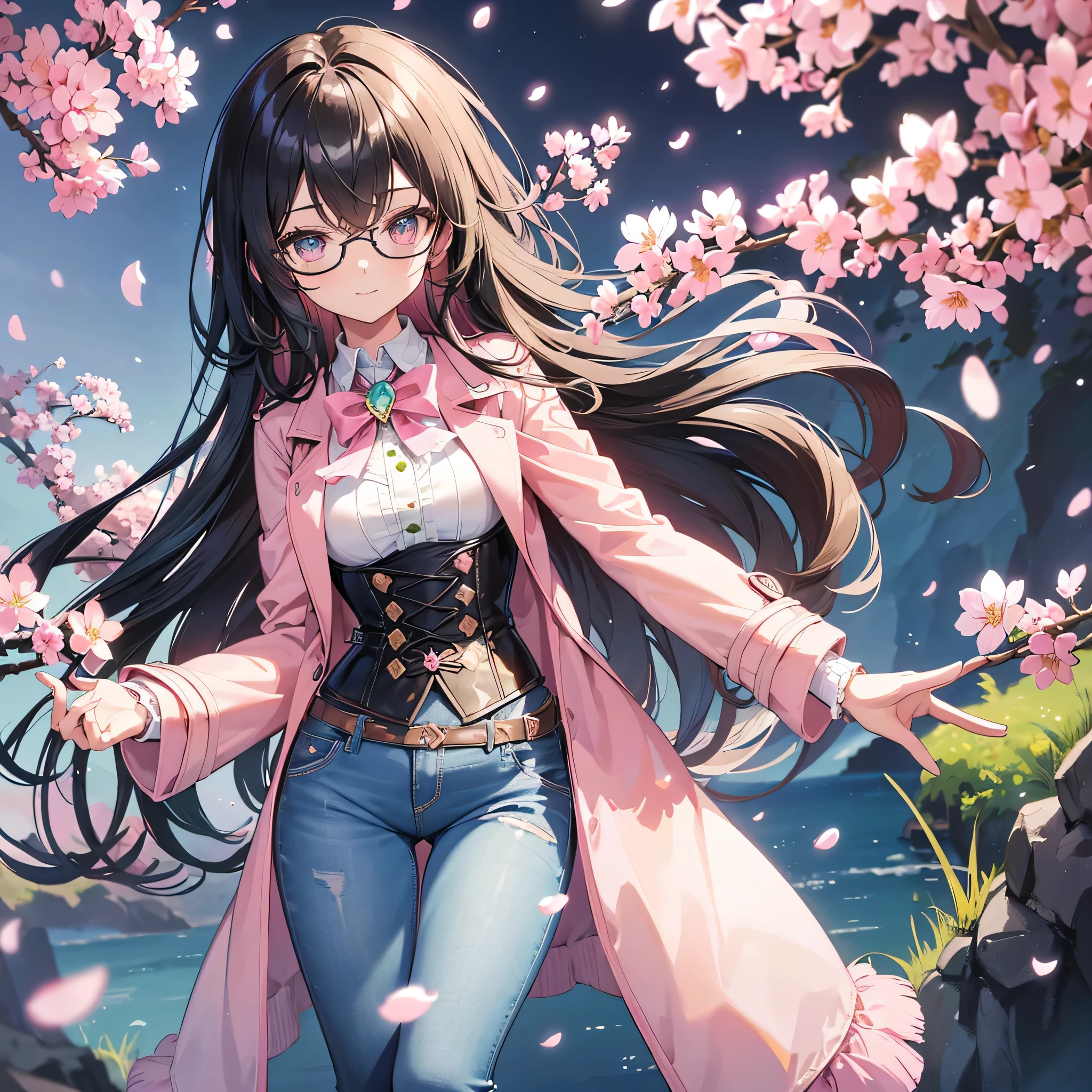 madeon, (masterpiece), (gentle spotlight), (ultra-detailed), (ultra-detailed), (kawaii), cute, (lovely), (ero), (extremely detailed), 4K, (8K), best quality, (beautiful), dynamic angle, colorful, (cherry blossom tree), daytime, a cute girl, 1 girl, solo, (pastel color), beautiful black hair, beautiful brown eyes, (beautiful eyes), (long hair, transparent hair, translucent hair: 1.1), (shiny hair, silky hair: 1.2), glasses, (pink trench coat, lime green blouse, knitted corset, jeans: 1.3), light smile, (looking over eyewear: 1.3), model pose