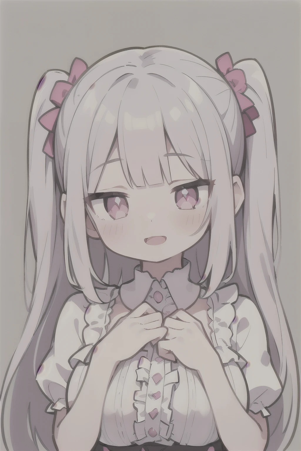 Pueros face_V1:0.24, highest quality, realistic, 8K, High resolution, 1 girl, girl, (skin dents), (portrait), ((simple background:1.62)), full color, ((big round breasts,exposed chest,frills)), look straight at the viewer:1.8, (1 girl eyes looking at viewer:1.55), (Long-length hair, silver hair, two side up,straight bangs:1.45,pink eyes), (Bokeh),looking at the viewer,open mouth smile,Shining eyes,cute pose,sparkling eyes,Super high quality