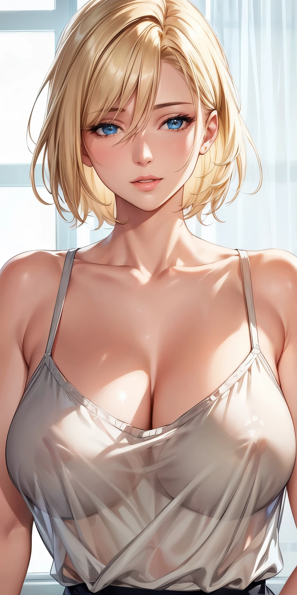 portrait, realistic, elegant mature woman, blue eyes, blonde hair, transparent camisole, see through nipple, 4k resolution, high quality cg, beautiful cg, soft light