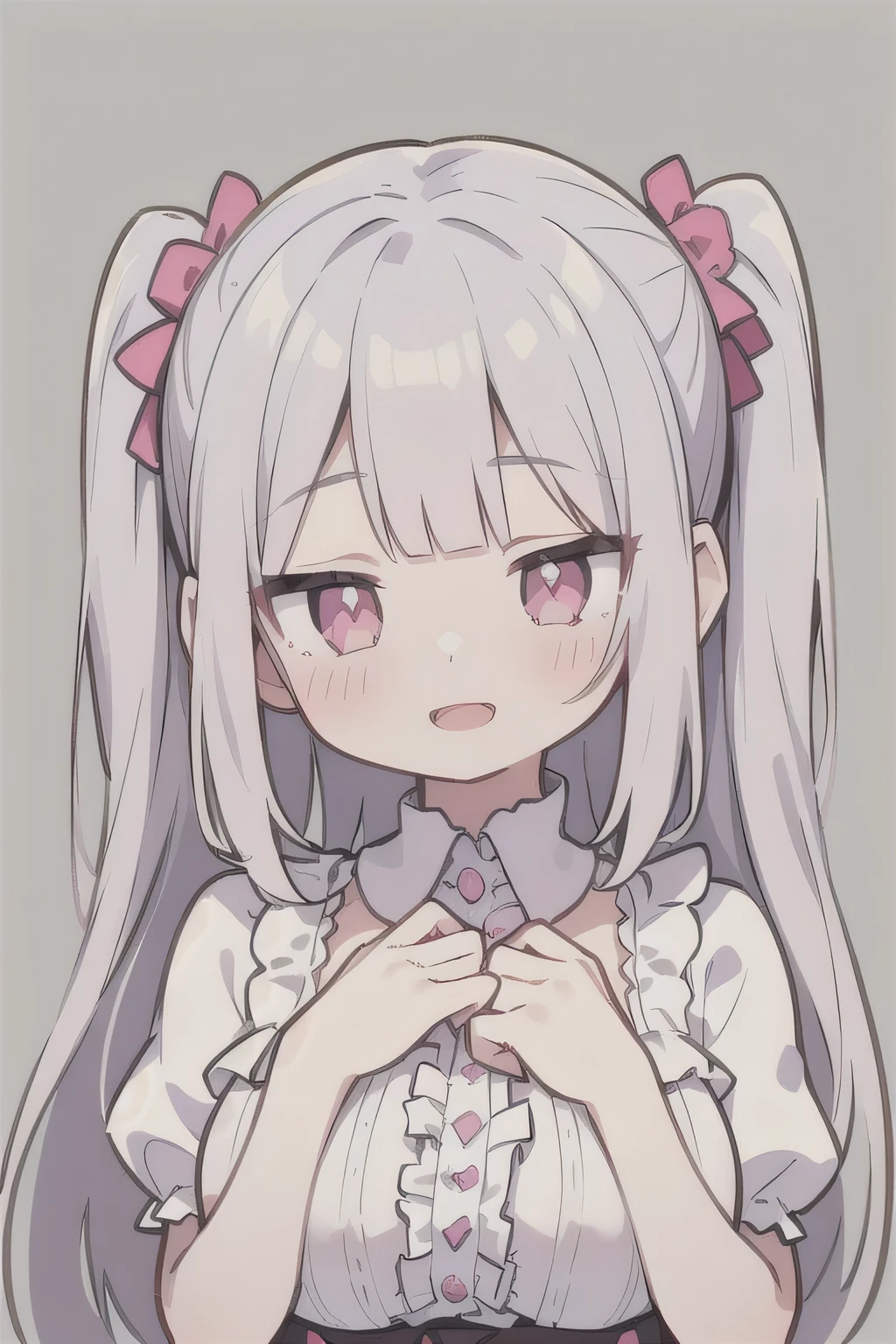Pueros face_V1:0.24, highest quality, realistic, 8K, High resolution, 1 girl, 16 year old girl, (skin dents), (portrait), ((simple background:1.62)), full color, ((big round breasts,exposed chest,frills)), look straight at the viewer:1.8, (1 girl eyes looking at viewer:1.55), (Long-length hair, silver hair, two side up,straight bangs:1.45,pink eyes), (Bokeh),looking at the viewer,open mouth smile,Shining eyes,cute pose,sparkling eyes,Super high quality