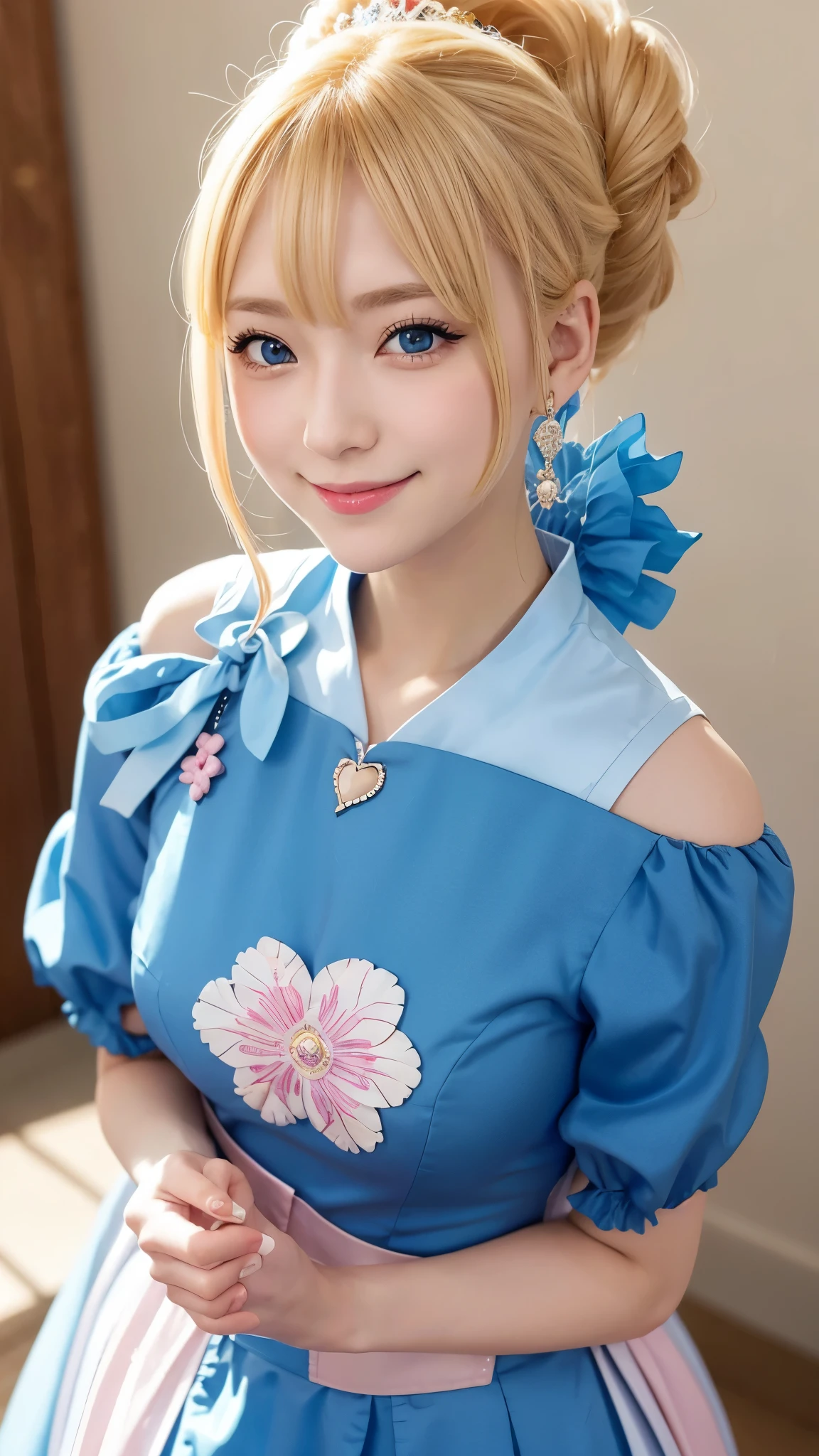 she is cosplaying as a princess、blonde short、smile、blue eyes、Colorful and fancy dresses、ponytail
