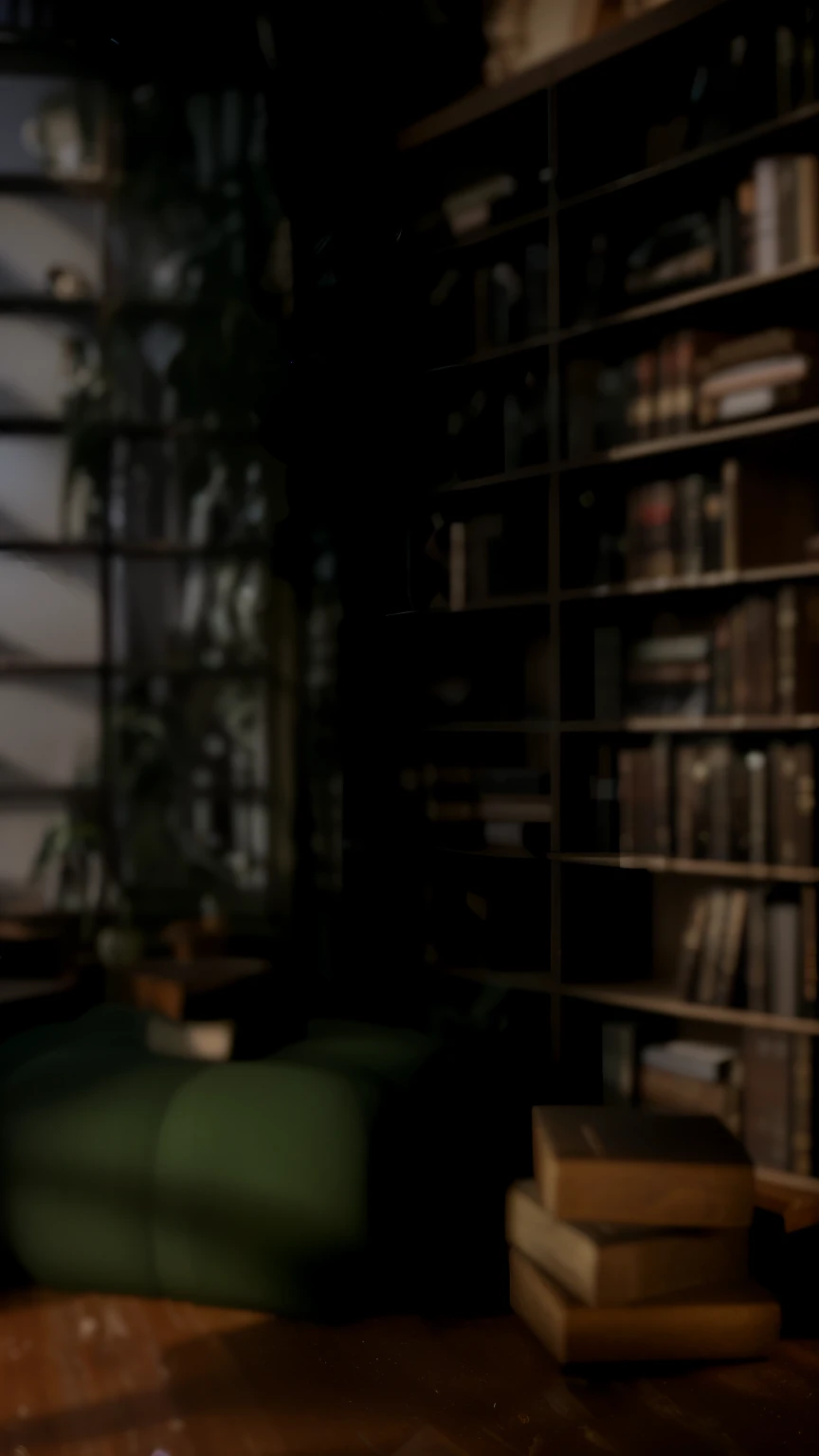 There is a cat sitting on a chair in the room, alchemist library background, library background, tilt shift library background, blurry background of the library, library interior background, gloomy library, dusty library, personal room background, magical library bokeh, in a gloomy library, some background blur, Realistic cinematic rendering, dark library, Detailed architectural visualization renderings, background = library