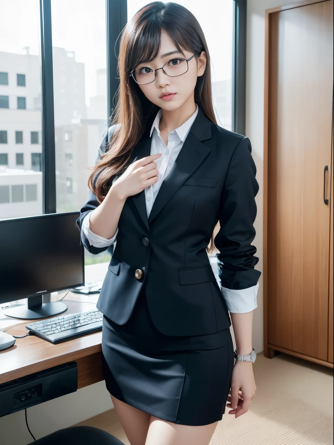 one person、solo、A 20-year-old office lady in office uniform poses for a photo shoot、sexy、victory、Tsundere、Saucy、Single knot、OL、suit、blue mini skirt、anger、Small、glasses、Slim girl model photo、Body:史上最Smallの美少女、female model、Japanese female fashion model、(8K、RAW photo、Highest image quality、masterpiece:1.2)、(real、photorealistic:1.37)、Ultra high definition、Ultra high definition、Office Street、standing position、whole body、((((SEXY)))