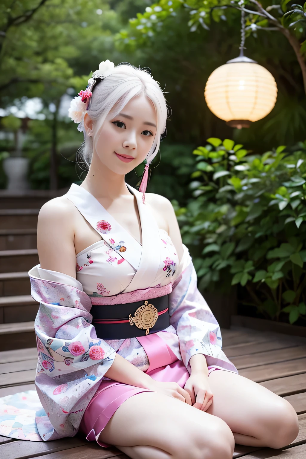 (realistic, highest quality: 1.4),(woman,smile(pink and white hair)),((Show your armpits)open your legs)(geisha,Kimono,traditional attire,fabric patterns,elaborate design,floral motifs,silk material,elegant,graceful,multilayered sleeves,colorful,obi belt,sandalwood fan,dainty footwear,ornate hair accessories,japanese culture,geisha makeup,subtle,sublime,lit candles,paper lanterns,serene atmosphere,peaceful garden,Noh theater masks,traditional music,ethereal,traditional tea ceremony,geisha dance,vibrant colors,authentic,exquisite craftsmanship,meticulous details,portrait,high-resolution,high-quality,artistic masterpiece.),(garden,colorful flowers)
