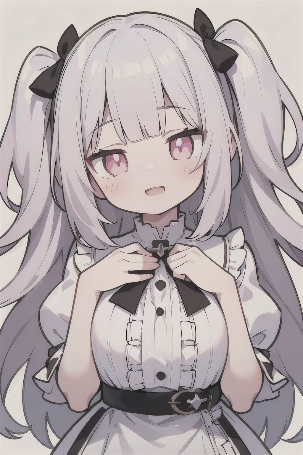 Pueros face_V1:0.24, highest quality, realistic, 8K, High resolution, 1 girl, 16 year old girl, (skin dents), (portrait), ((simple background:1.62)), full color, ((big round breasts,exposed chest,frills)), look straight at the viewer:1.8, (1 girl eyes looking at viewer:1.55), (Long-length hair, silver hair, two side up,straight bangs:1.45,pink eyes), (Bokeh),looking at the viewer,open mouth smile,Shining eyes,cute pose,sparkling eyes,Super high quality